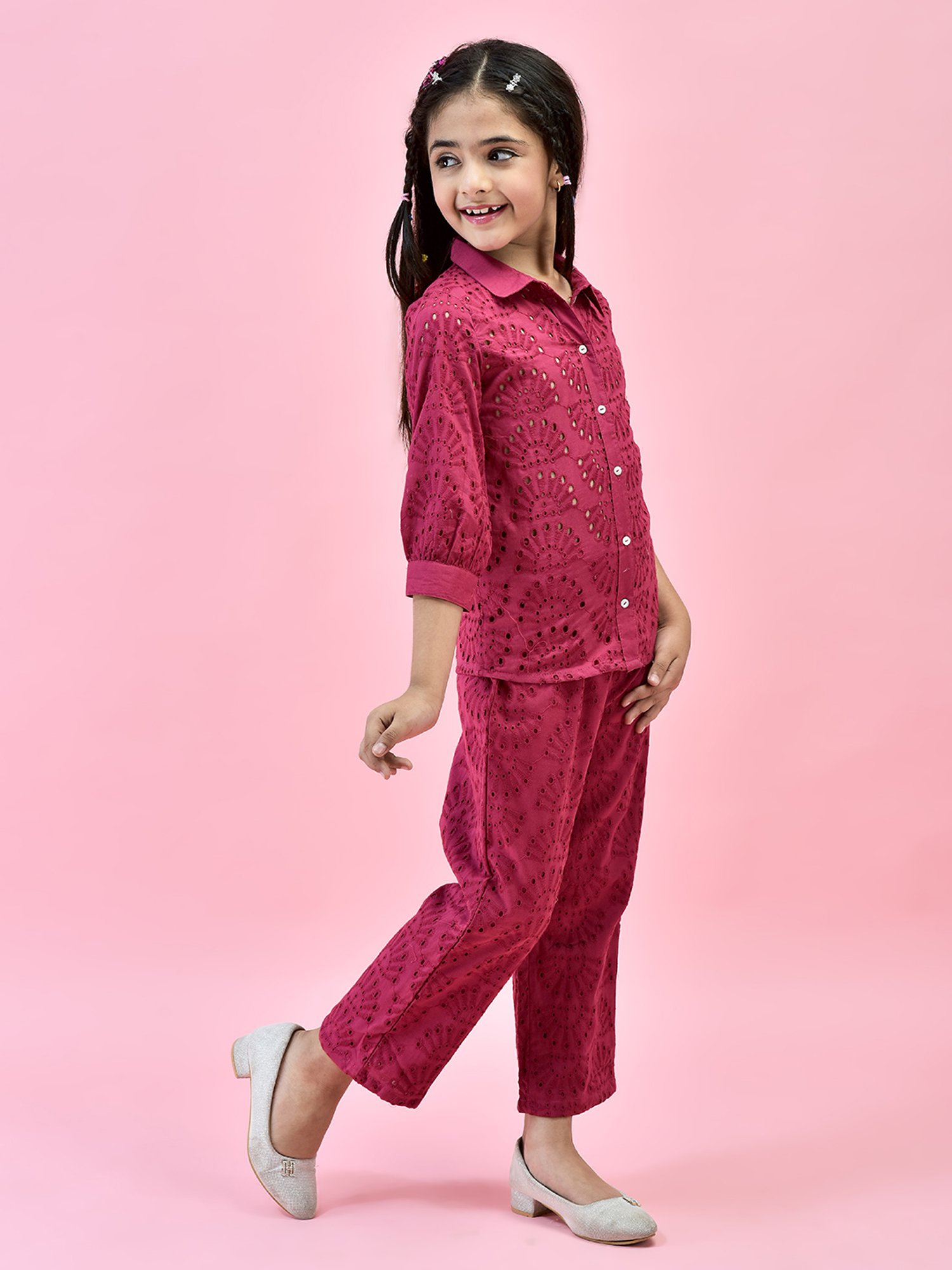 Juniper Girls Pink Self Design Shirt With Pants