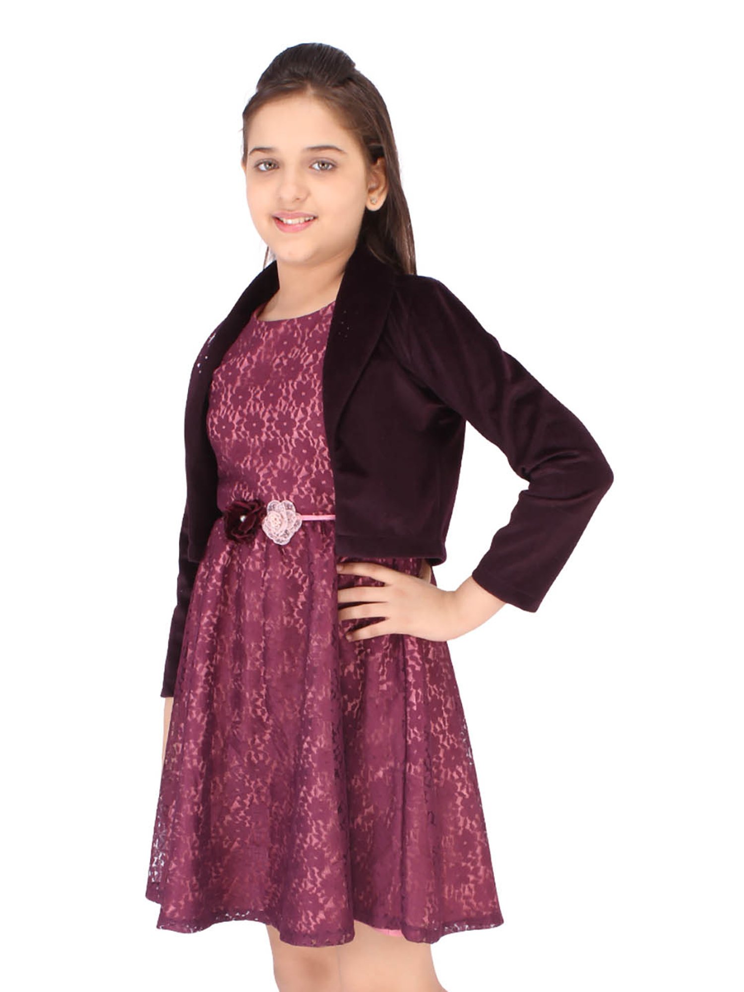Cutecumber Kids Plum Printed Dress with Shrug