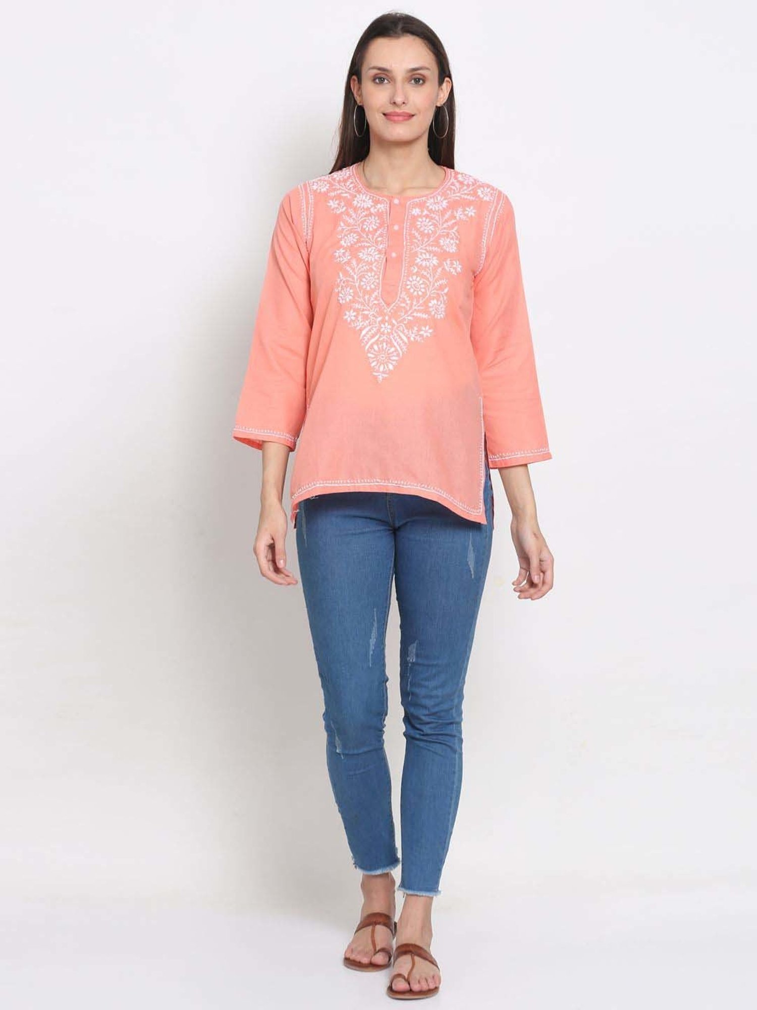 PARAMOUNT CHIKAN Peach Cotton Chikankari Straight Kurti