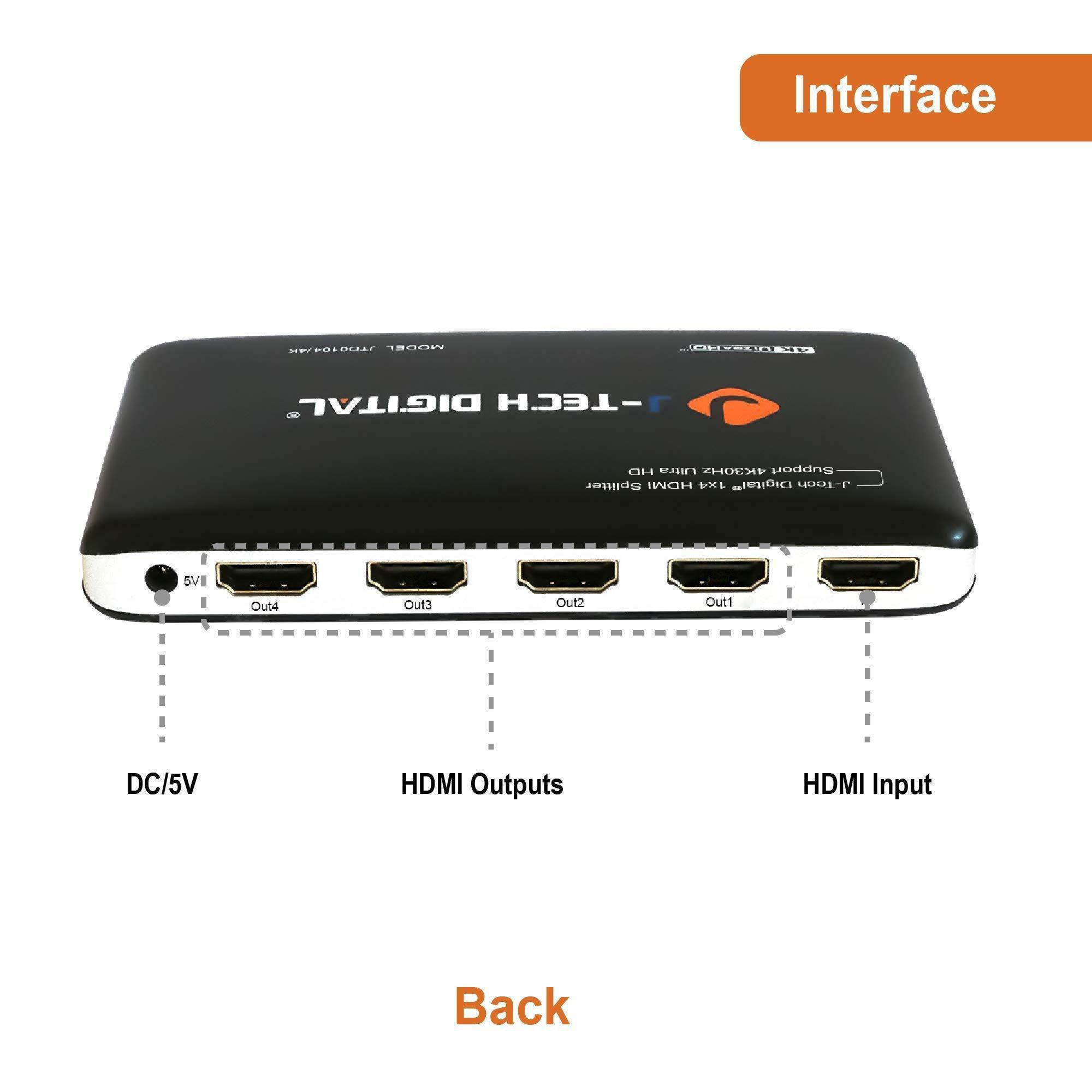 J-Tech Digital JTD0104/4K Most Advanced 4 Ports HDMI 1X4 Powered Splitter Support Ultra HD 4K 3840 A 2160 Resolution and 3D