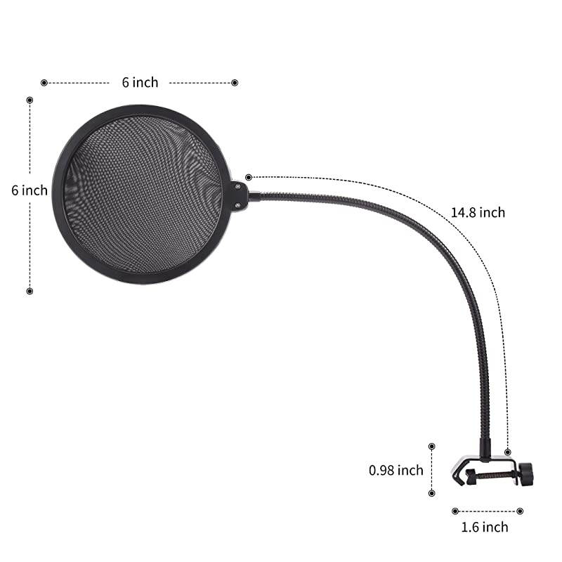 Microphone Pop Filter Dual Layer Mesh Shield with Swivel Mount 360 Flexible Gooseneck Clip Stabilizing Arm