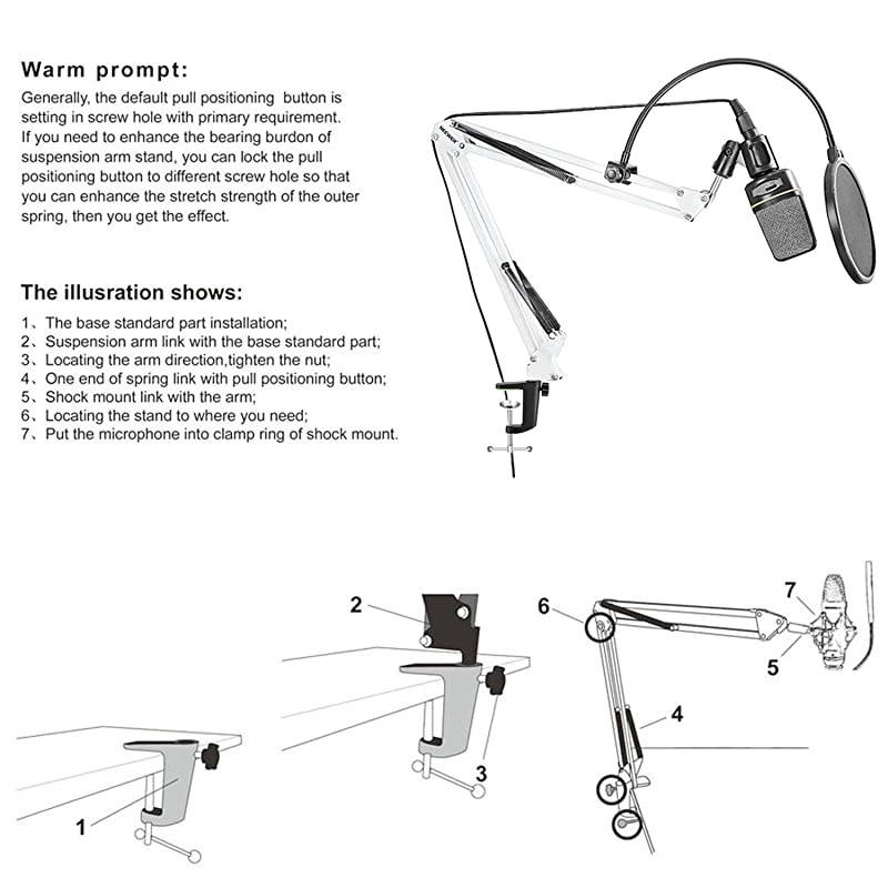 Desktop Microphone Suspension Boom Scissor Arm Stand with Microphone Clip Holder Table Mounting Clamp and Pop Filter Windscreen Mask Shield Kit for Studio BroadcastingSingingRecordingWhite