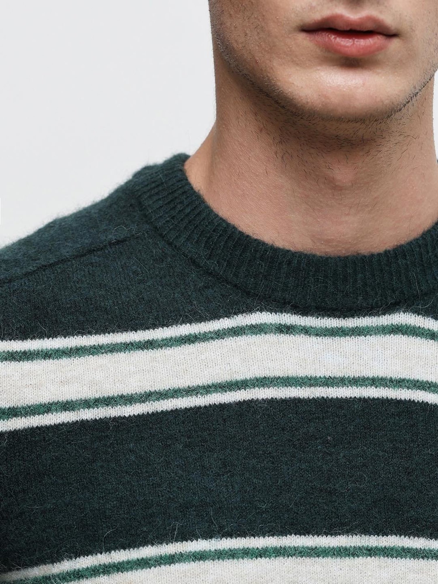 SELECTED HOMME Green & White Regular Fit Striped Sweater