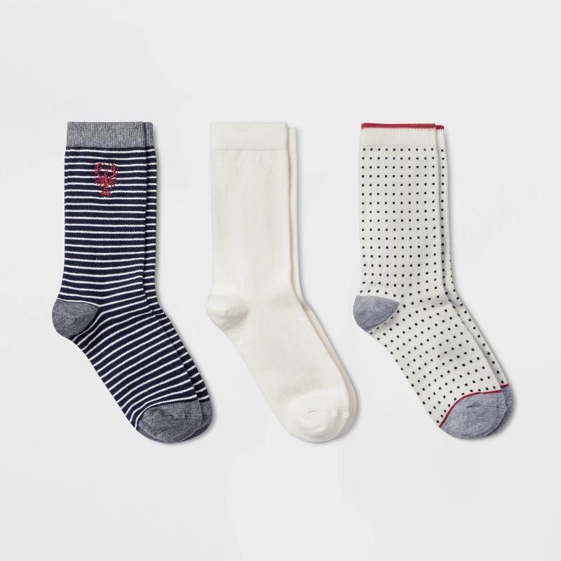 Women's Embroidered Lobster 3pk Crew Socks - A New Day™ Navy/Cream 4-10