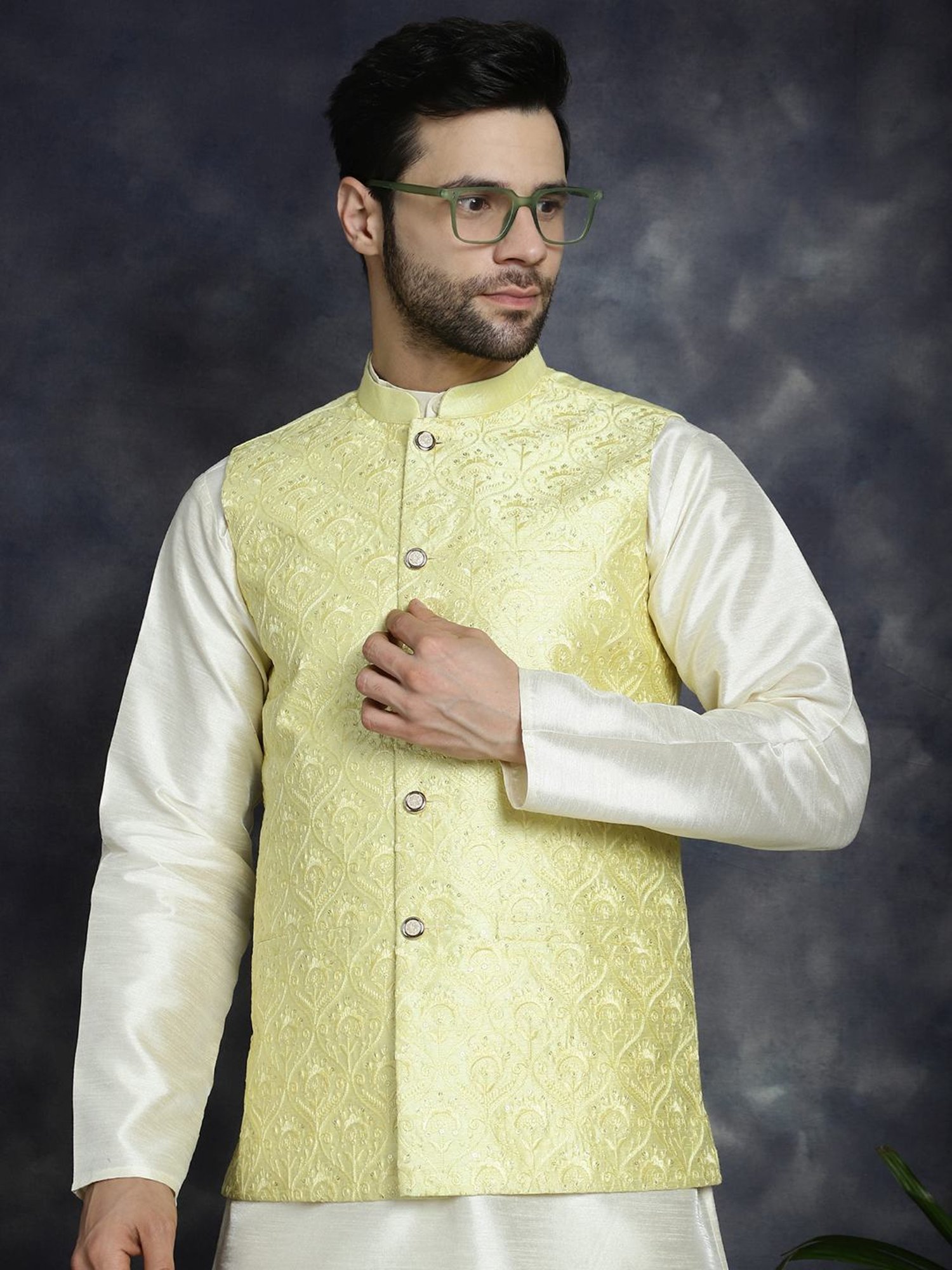 Jompers Yellow Regular Fit Embellished Nehru Jacket