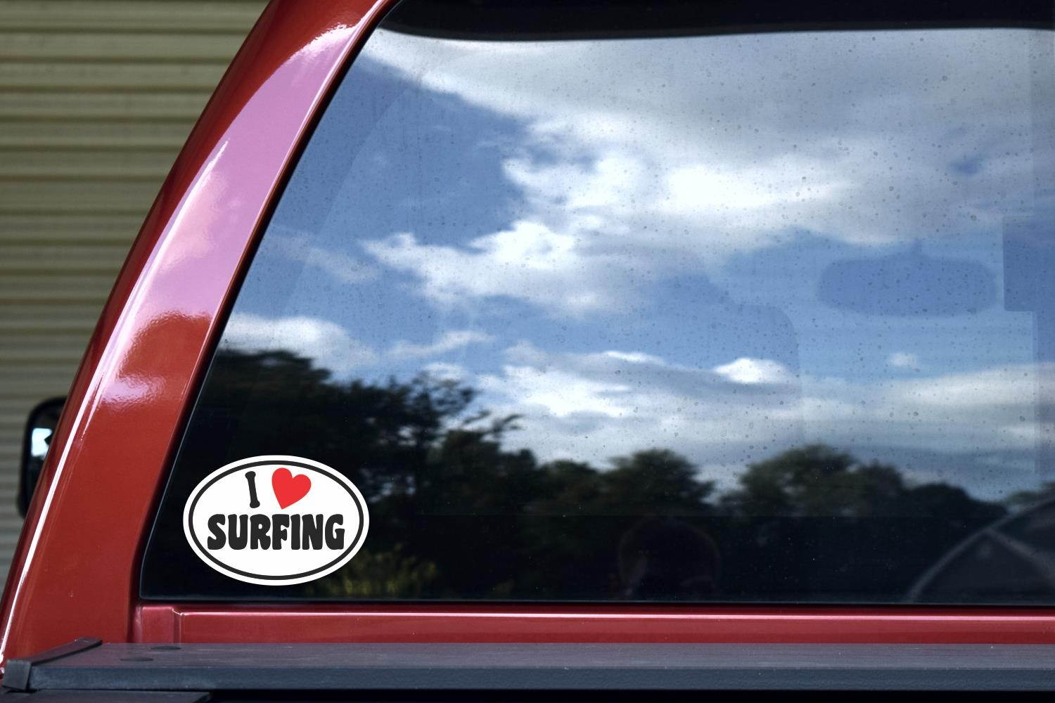 StickerTalk Oval I Love Surfing Vinyl Sticker, 5 inches by 3.5 inches