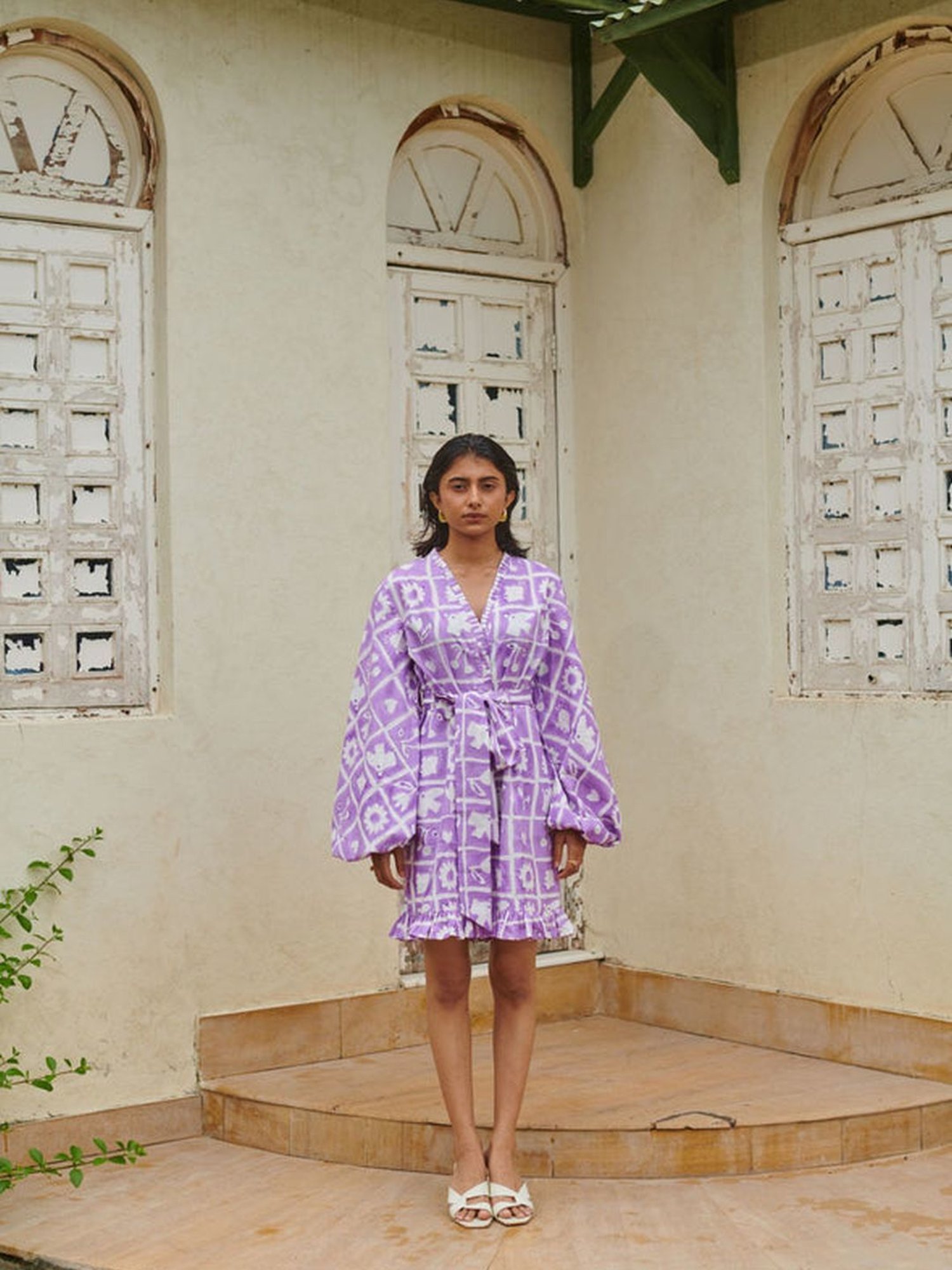 Khajoor Studio Purple & White Sundaze Hakuna Matata Ruffle Short Jumpsuit