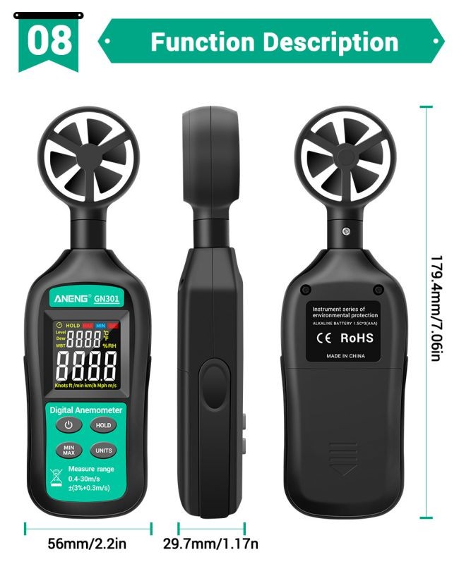 Digital Anemometer 0-30m/s Wind Speed Meter -10 ~ 45C Temperature Tester Anemometro with LCD Backlight Display Wind Speed Tester