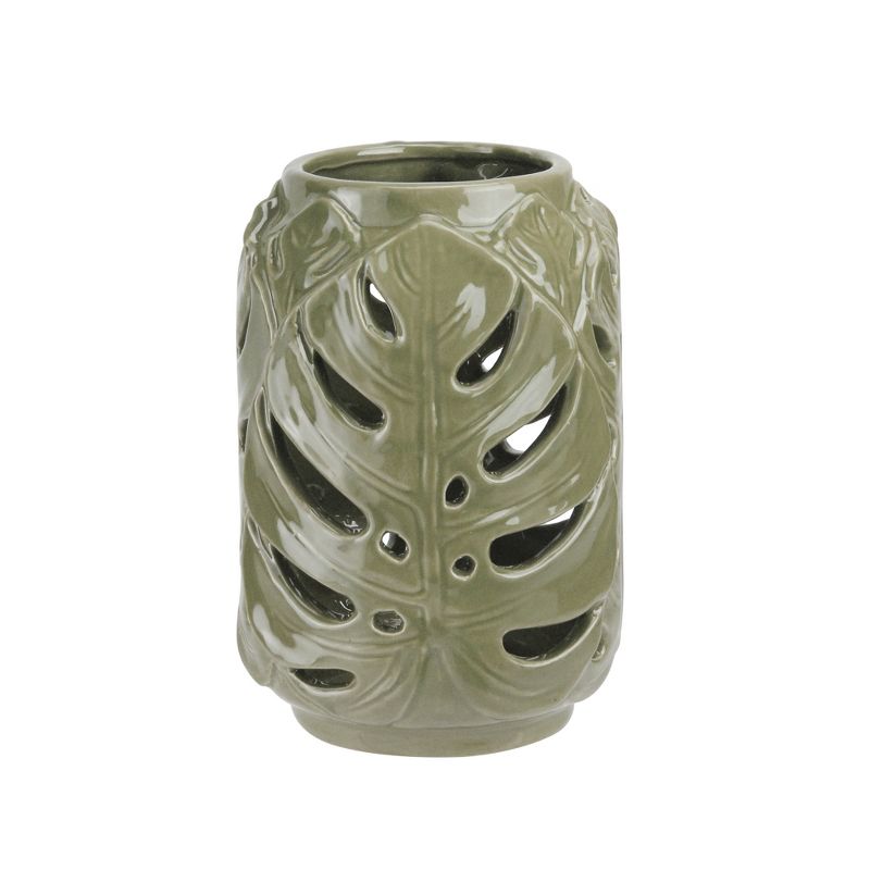 Diva At Home 7&rdquo; Elegant Moss Green Cutout Leaf Ceramic Candle Holder Lantern