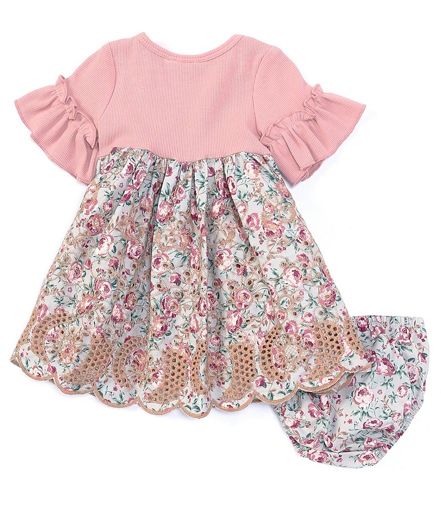 Bonnie Jean Baby Girls Newborn-9 Months Solid/Floral Poplin Babydoll Dress