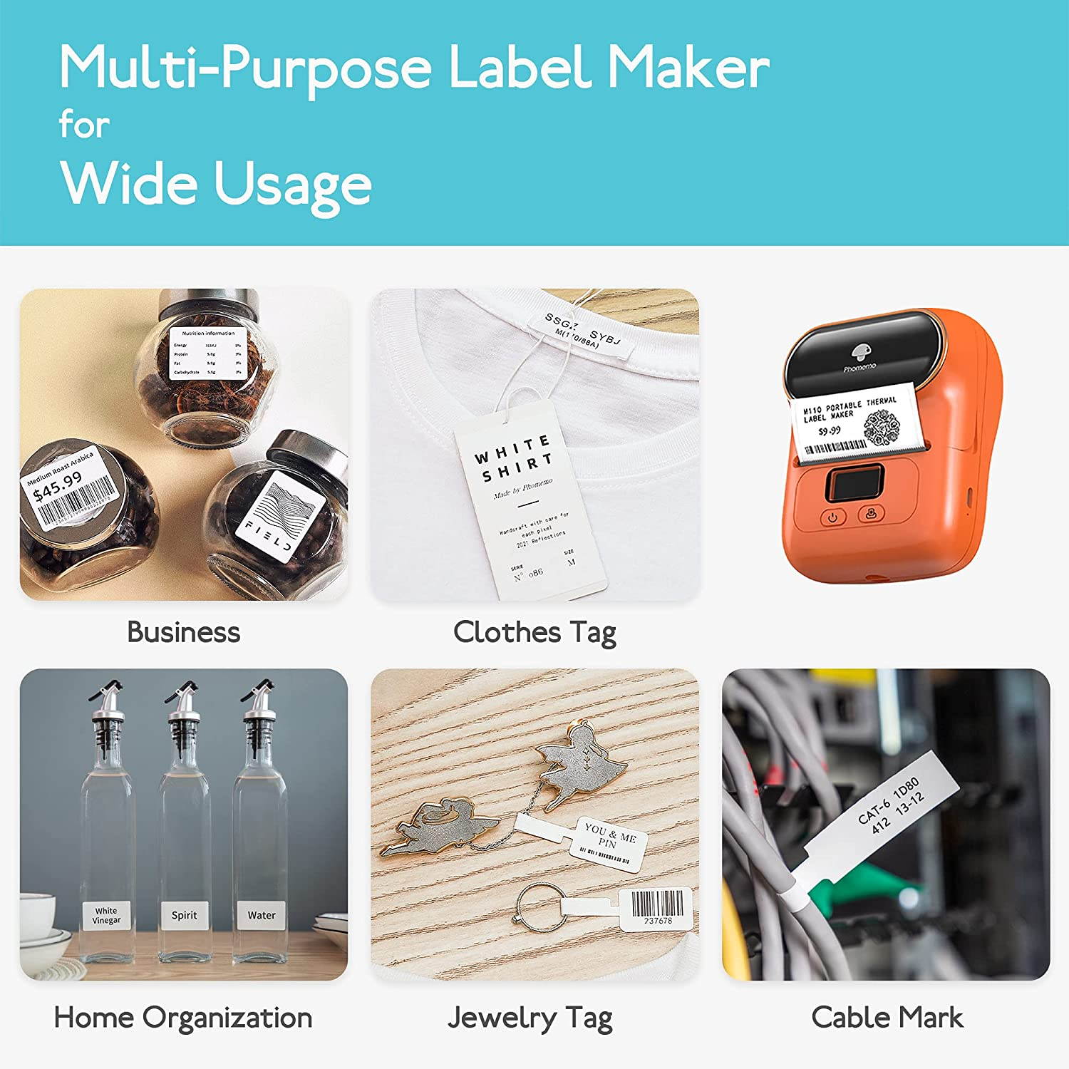 M110 Wireless Thermal Label Printer Portable Bluetooth Label Maker Machine Barcode Printer for iPhone and Android Phones