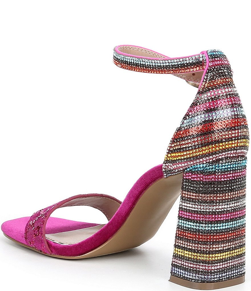 Betsey Johnson Cicely Stripe Embellished Ankle Strap Square Toe Sandals