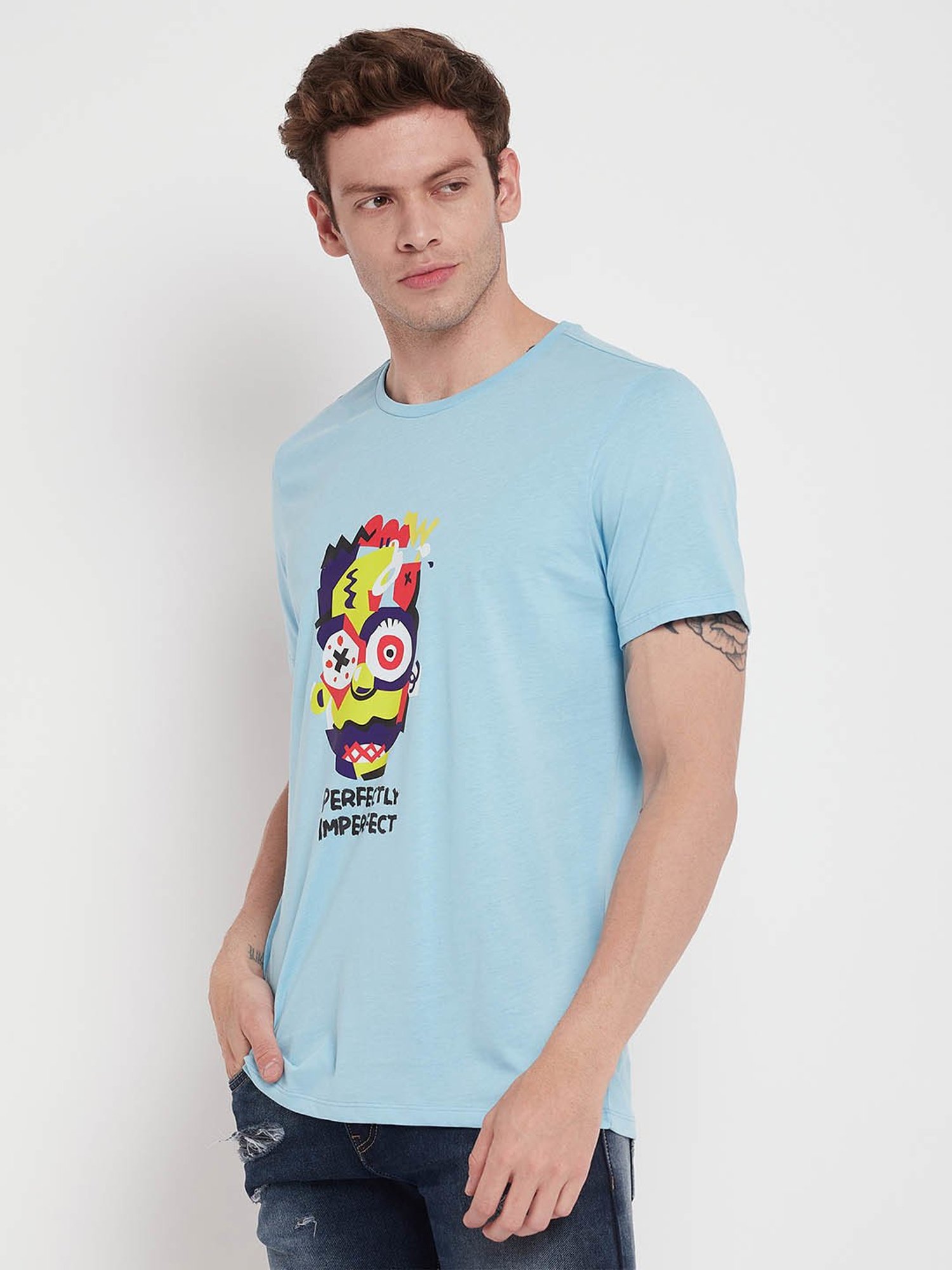 EDRIO Light Blue Regular Fit Printed T-Shirt