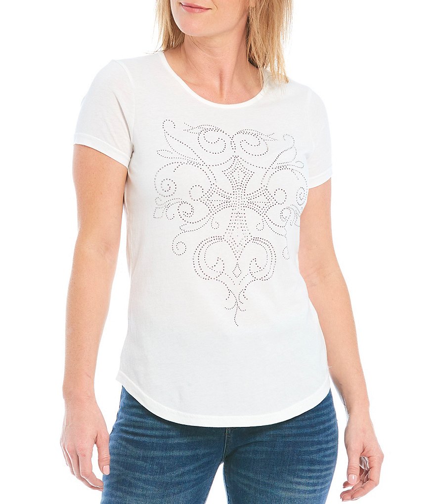 Reba Ariel Short Sleeve Jewel Neck Embellished Tee