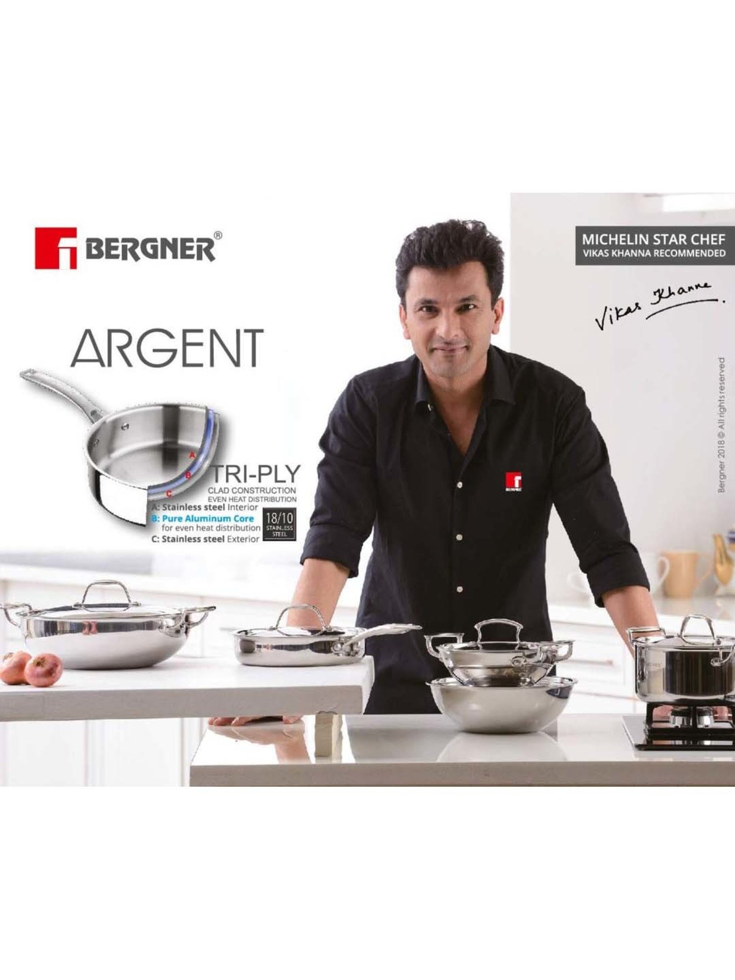 Bergner Argent Triply Silver Stainless Steel 14 cm Induction Patila Pot With Lid (1 L)