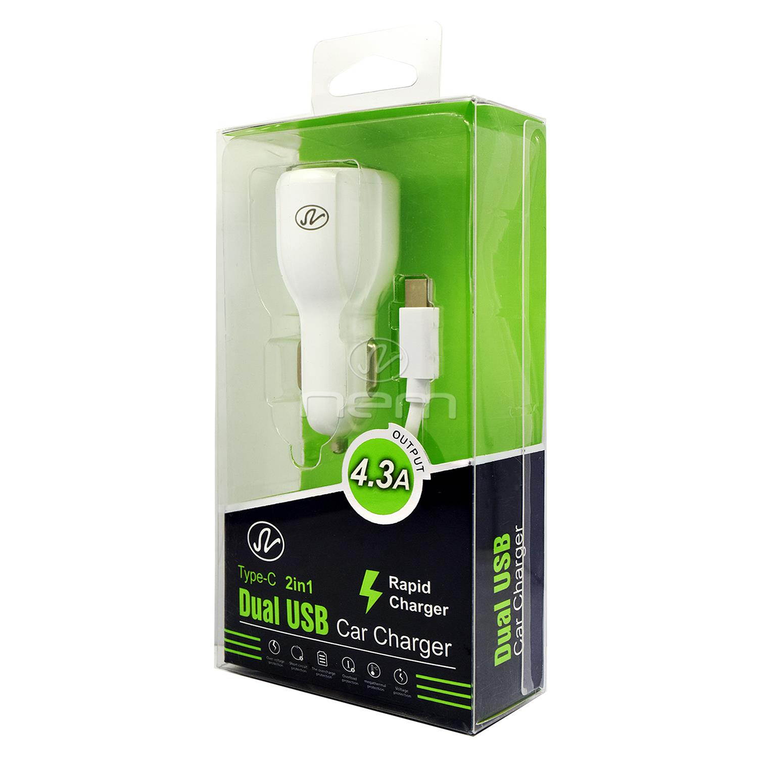 For ZTE Axon 7 2in1 Accessory Kit Car Charger w/ USB-C Power Charging Cable White