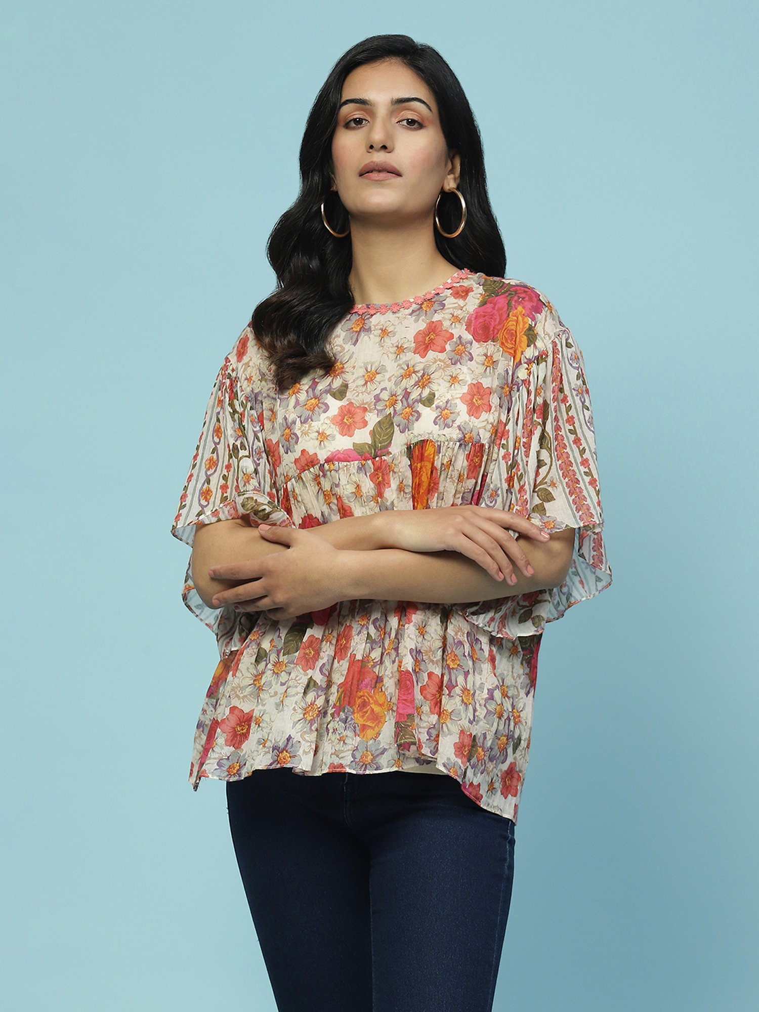 aarke Ritu Kumar Off White Floral Print Top With Camisole