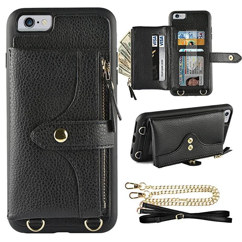 Wallet Case Compatible with iPhone 6 Plus iPhone 6S Plus Case Wallet Card Holder Case with Wrist Chain Crossbody Strap Zipper Case for iPhone 6 PlusiPhone 6S Plus 55 inchesBlack