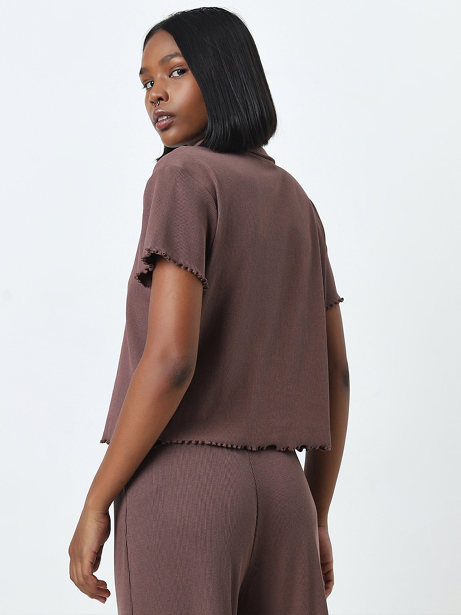 Superstar by Westside Dark Brown Knit-Textured Cotton Blend Shirt