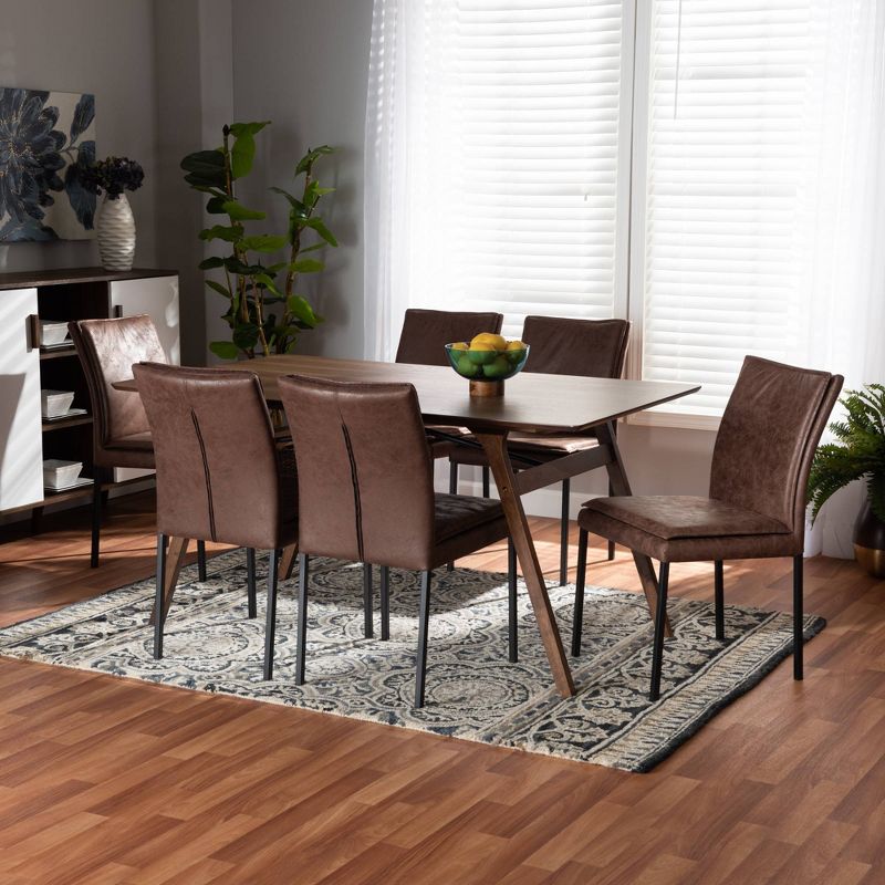 7pc Gerard Fabric and Metal with Wood Dining Set Brown/Black/Walnut Brown - Baxton Studio