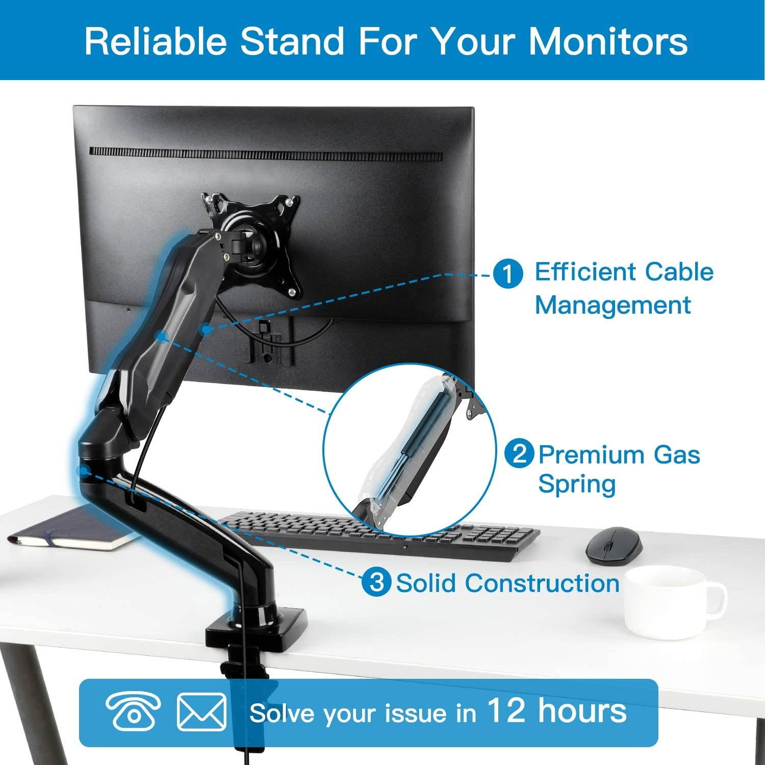 Single Monitor Mount - Articulating Gas Spring Monitor Arm, Adjustable VESA Mount Desk Stand with Clamp and Grommet Base - Fits 17 to 27 Inch LCD Computer Monitors 4.4 to 14.3lbs