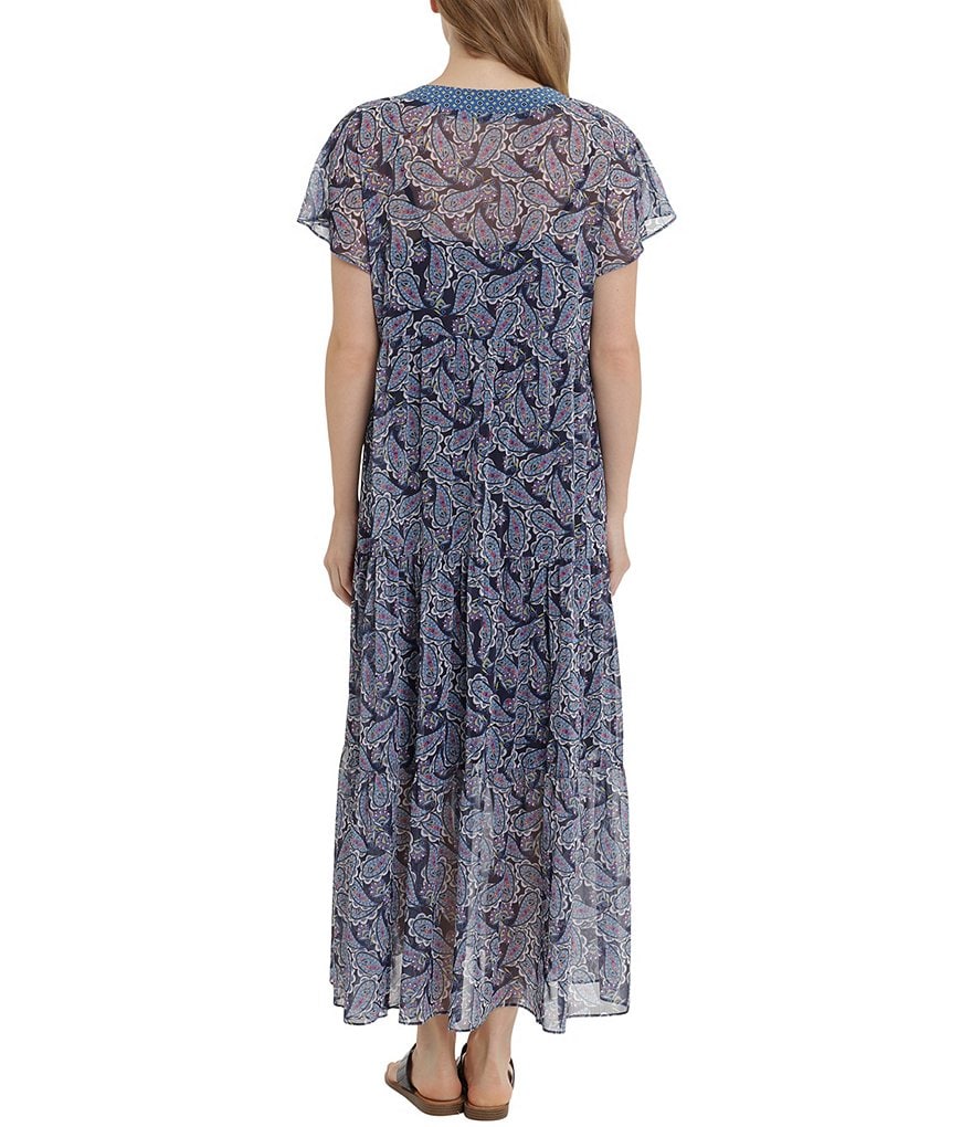 London Times Short Sleeve V-Neck Paisley Tiered Maxi Dress