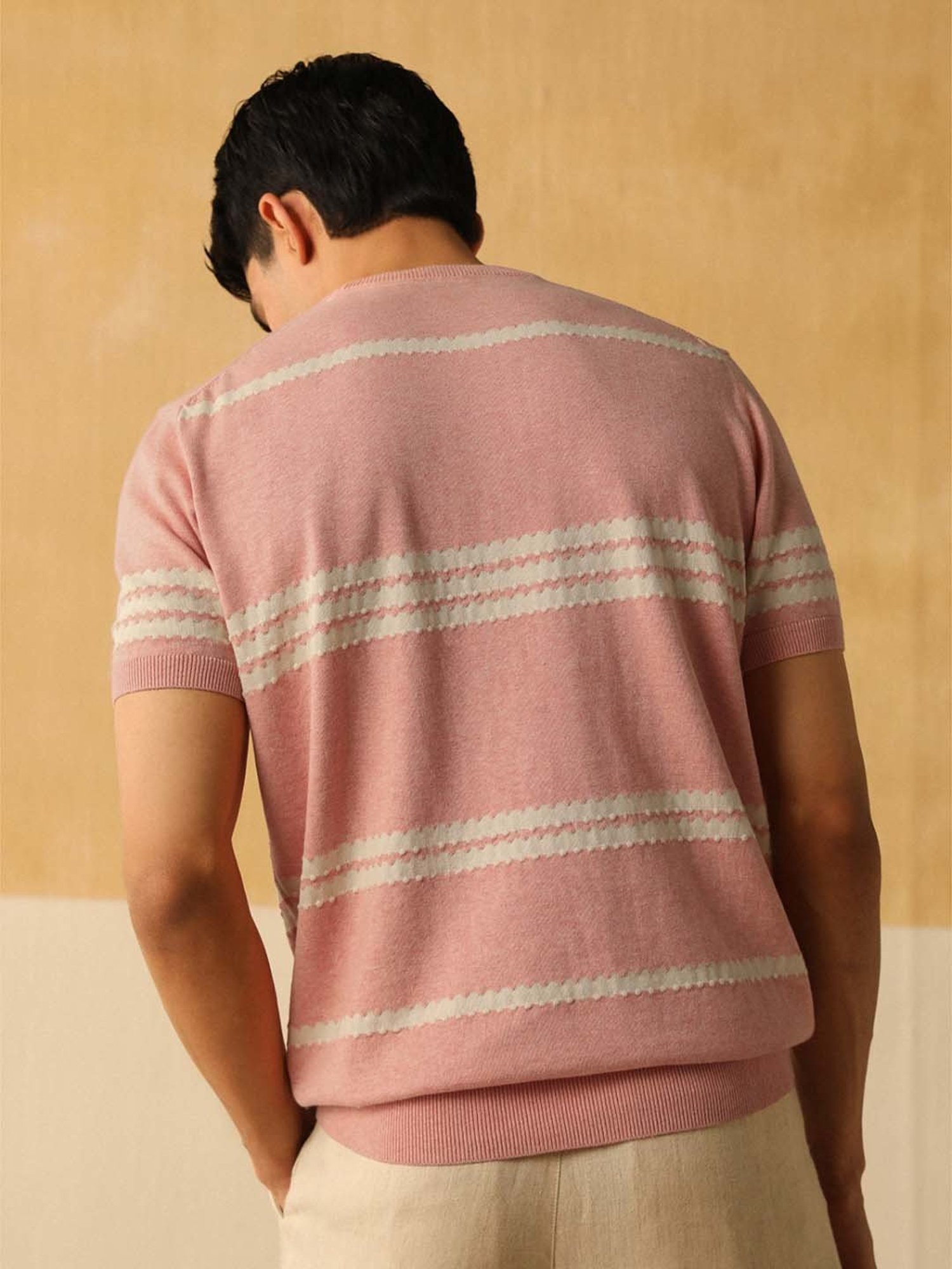 Andamen Pink Cotton Regular Fit Striped T-Shirt