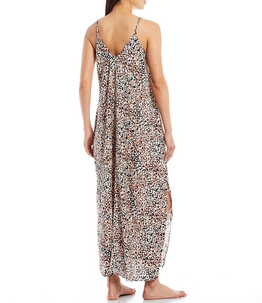 VAN WINKLE & CO. Leopard Swirl Printed V-Neck Satin Sleeveless Maxi Chemise