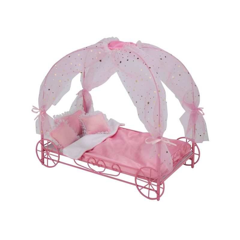 Badger Basket Royal Carriage Metal Doll Bed with Canopy Bedding and LED Lights - Pink/White/Stars