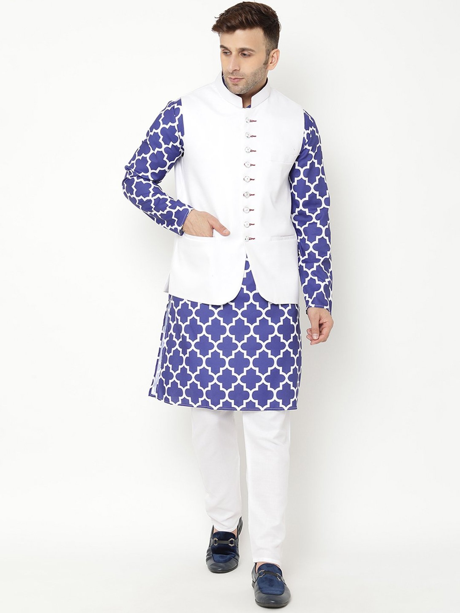Hangup Navy & White Regular Fit Printed Kurta Bottom & Jacket Set