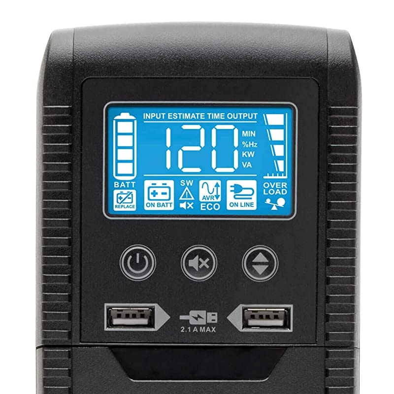 1000VA 600W ECO-Friendly UPS Battery Backup, AVR Protection, LCD Display, Line-Interactive, 8 Outlets and 2 USB Charging Ports, 120V, Tel Protection (ECO1000LCD)