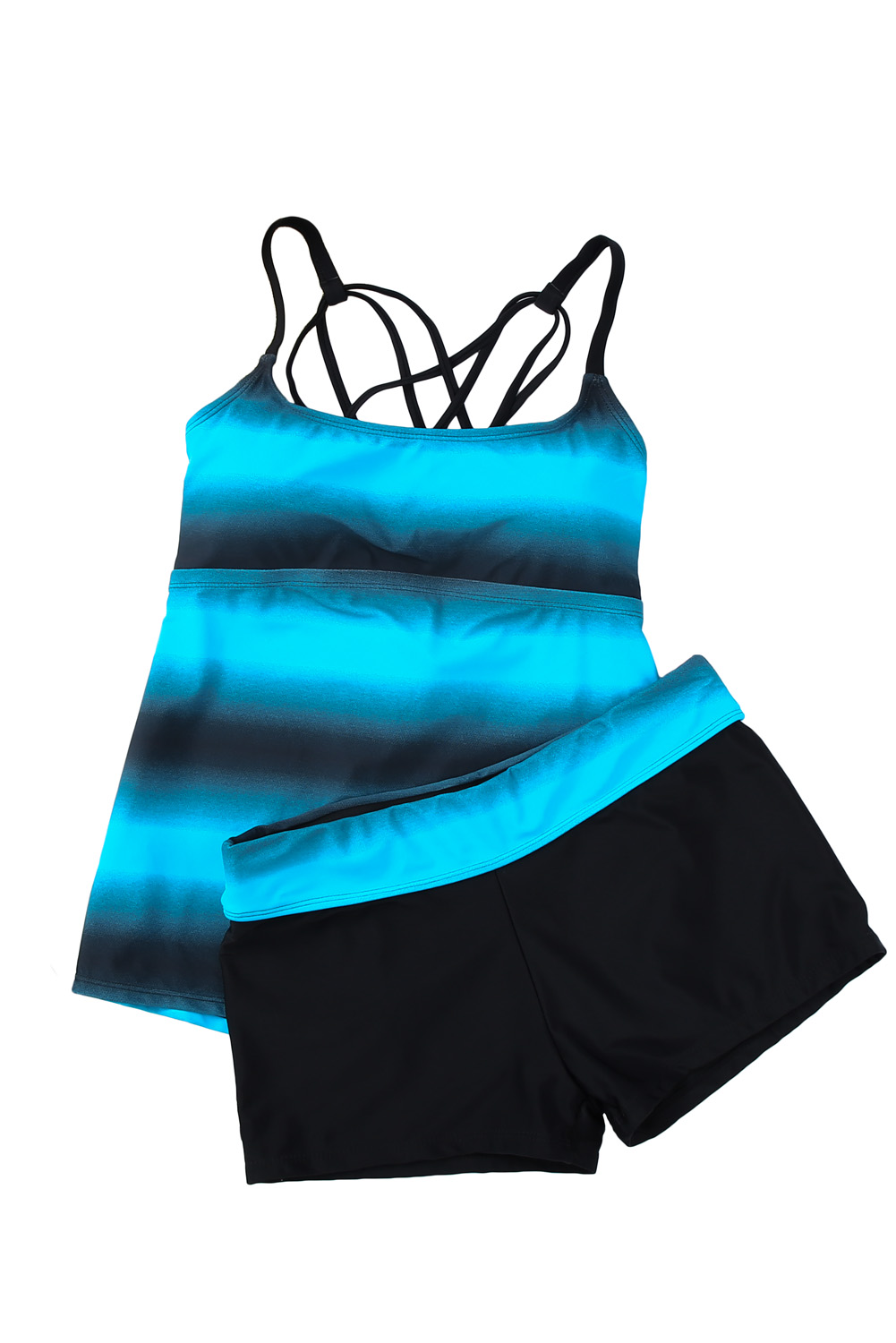 Blue Colorblock Criss Cross Back Tankini Swimsuit