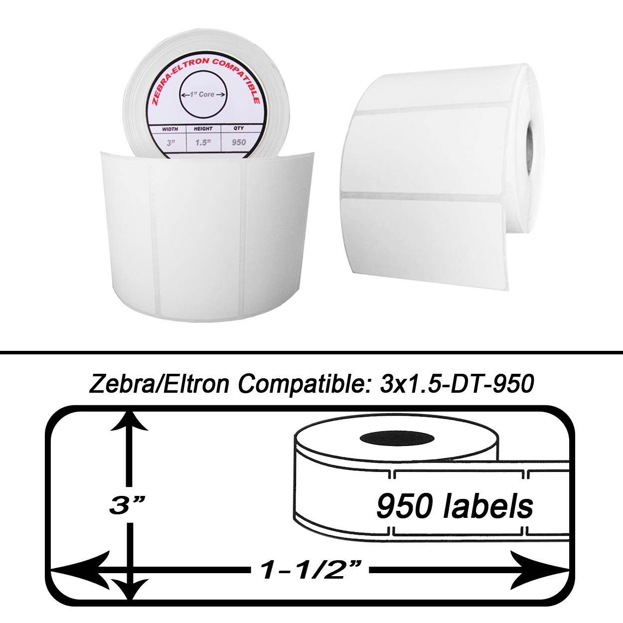 Zebra/Eltron-Compatible 3 x 1.5 Labels (3" x 1-1/2") -- BPA Free! (9 Rolls; 950 Labels per Roll)