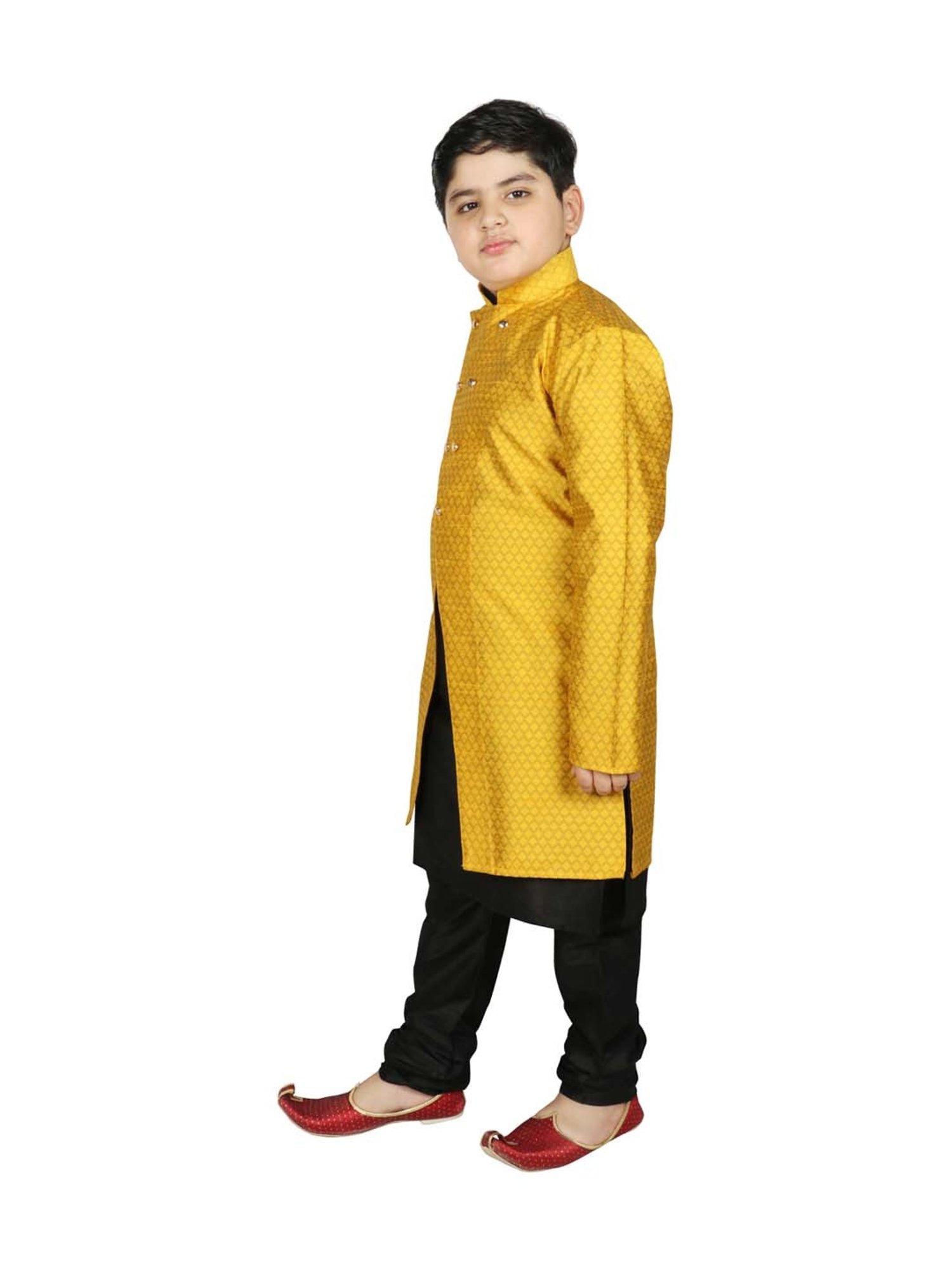 SG Yuvraj Kids Yellow & Black Textured Pattern Full Sleeves Kurta Set