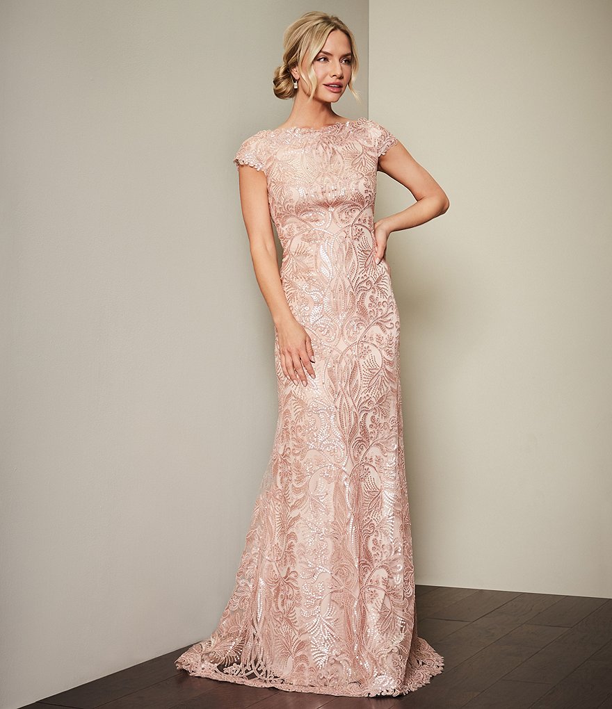 Tadashi Shoji Sequin Lace Off-the-Shoulder Cap Sleeve A-Line Gown