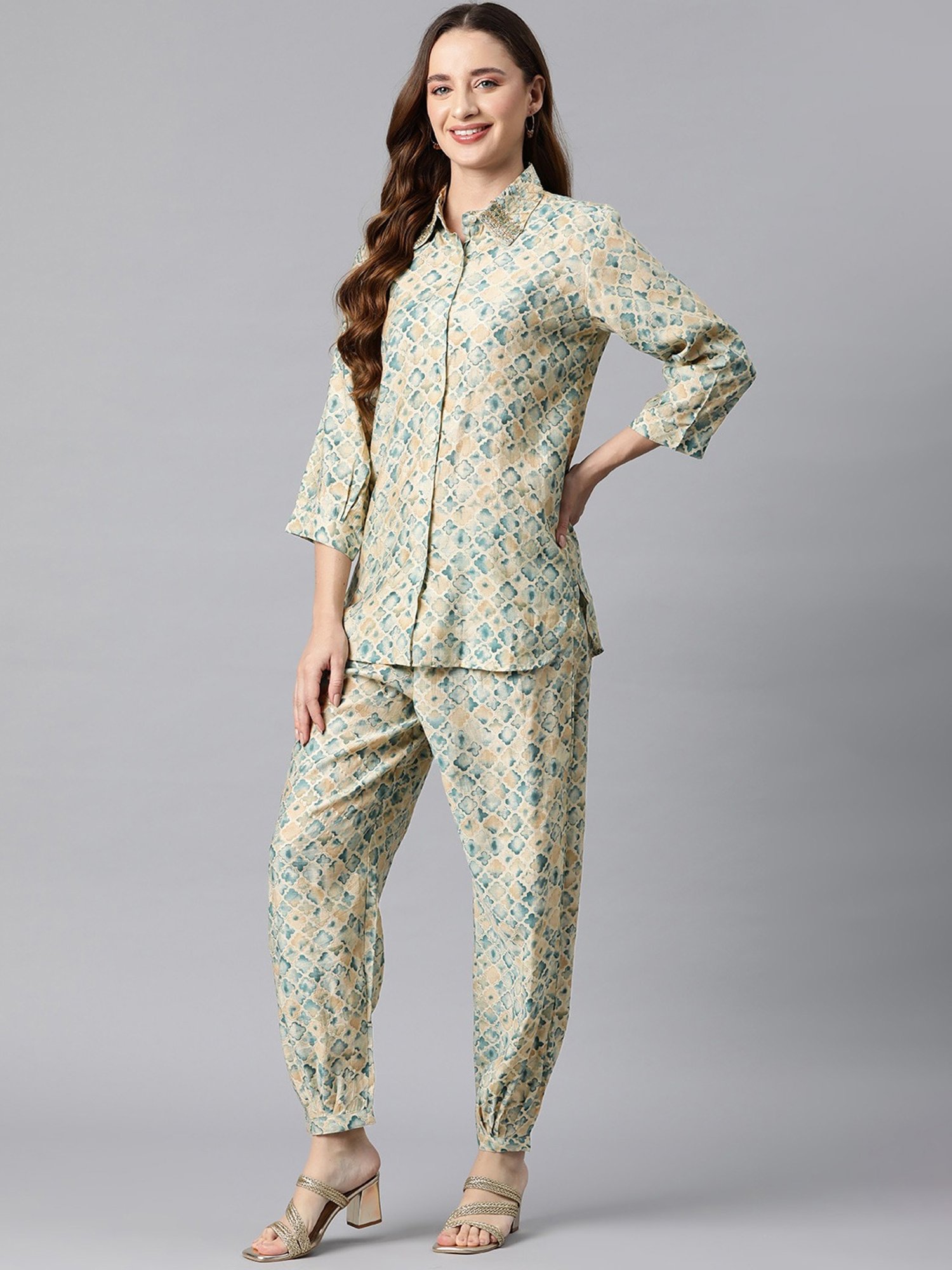 READIPRINT FASHIONS Beige & Blue Printed Shirt Salwaar Set