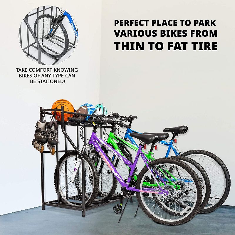 RaxGo 3 Bicycle Floor Parking Stand, Free Standing Bike Rack & Sports Storage Organizer for Garage