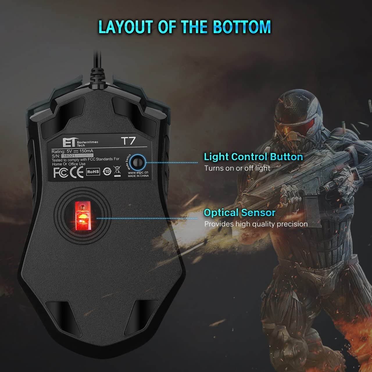 PICTEK Gaming Mouse Wired [7200 DPI] [Programmable] [Breathing Light] Ergonomic USB Computer Mice RGB Laptop PC Gaming Mouse 7 Buttons for Windows 7/8/10/XP Vista Linux Grey