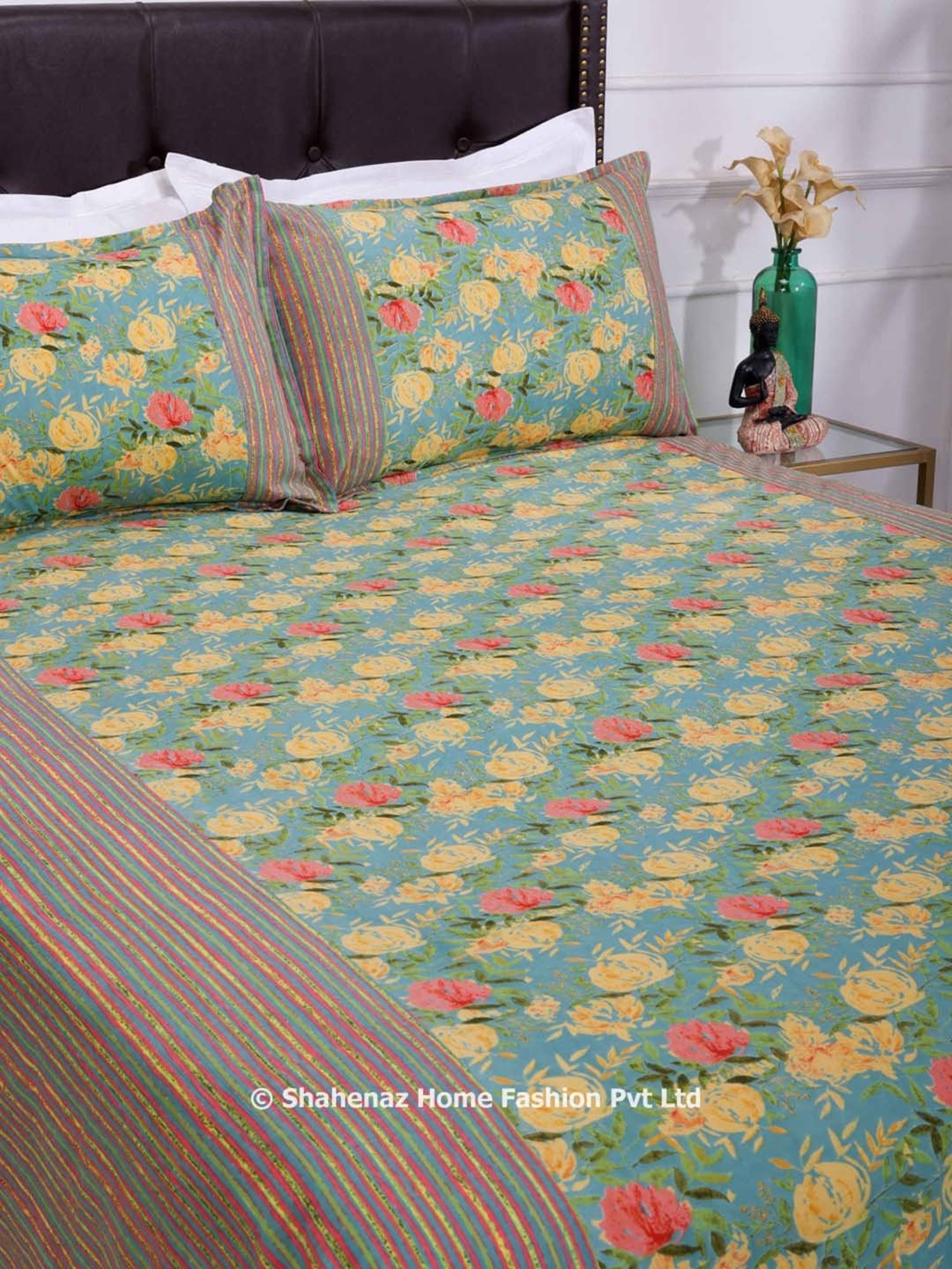 Shahenaz Turquoise 120 TC Cotton Rose Garden Luxury Double Bedsheet with 2 Pillow Covers