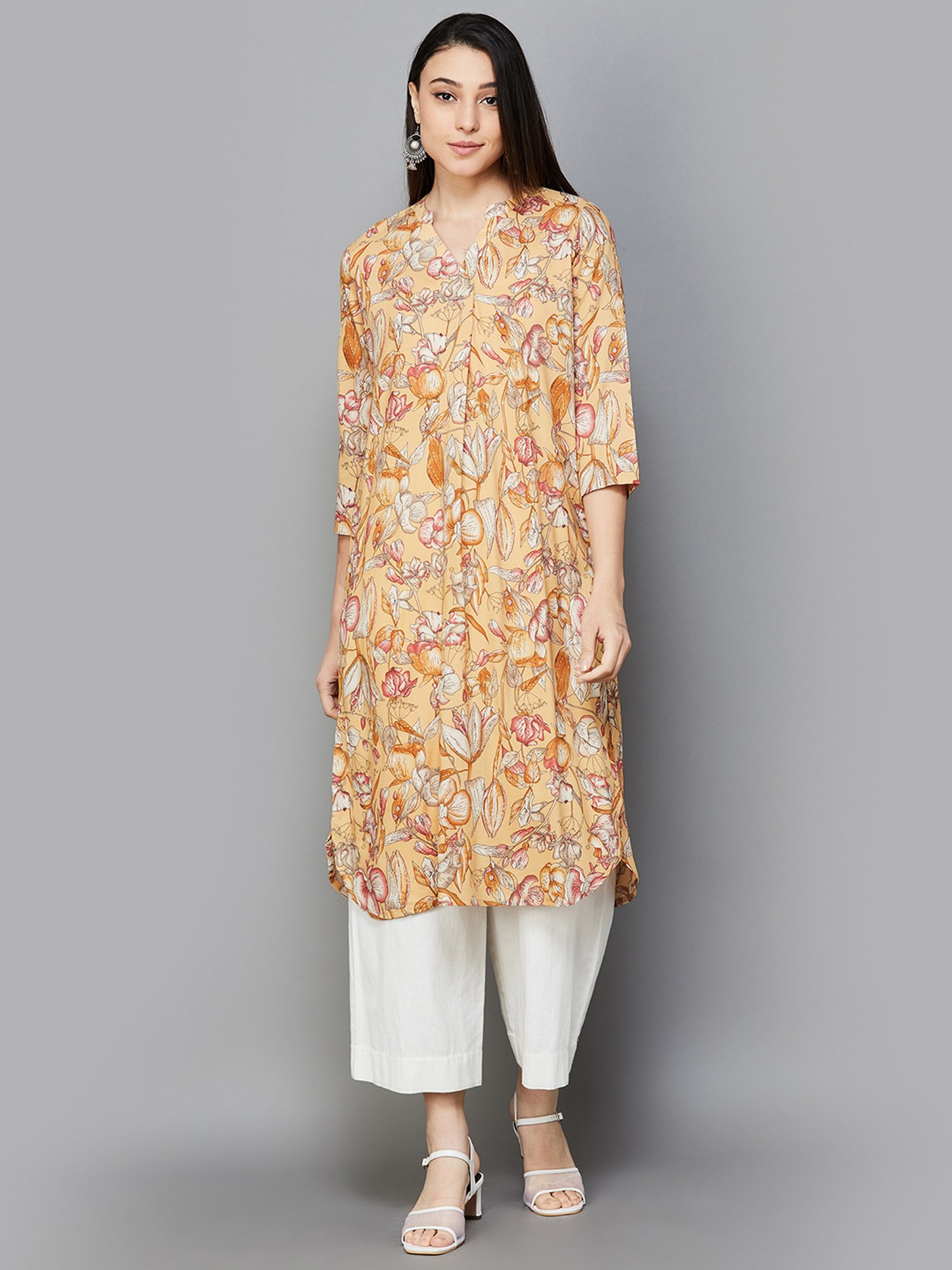 Melange by Lifestyle Mustard Rayon Floral Print Kurta
