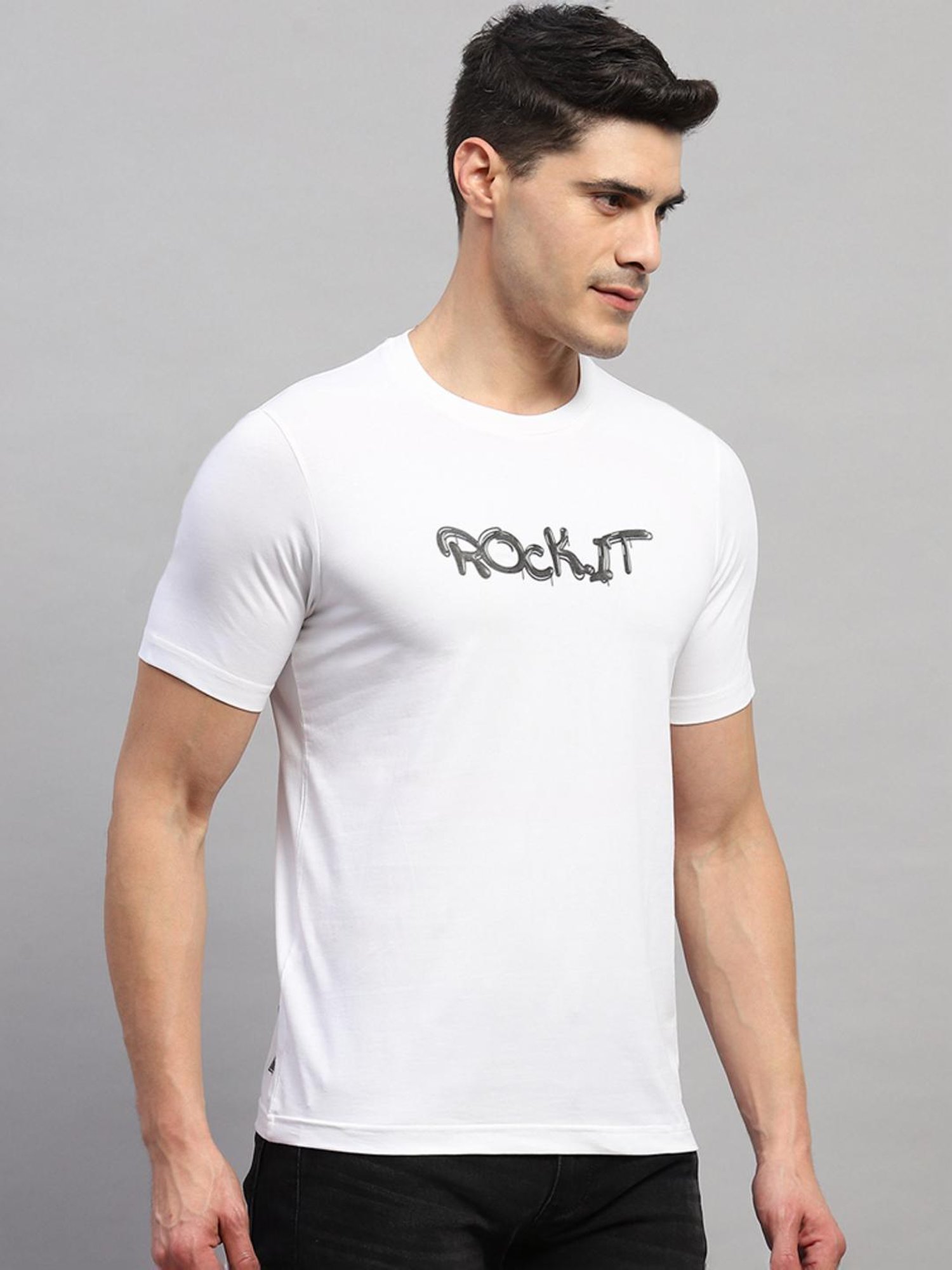 Rock.it White Cotton Regular Fit Printed T-Shirt