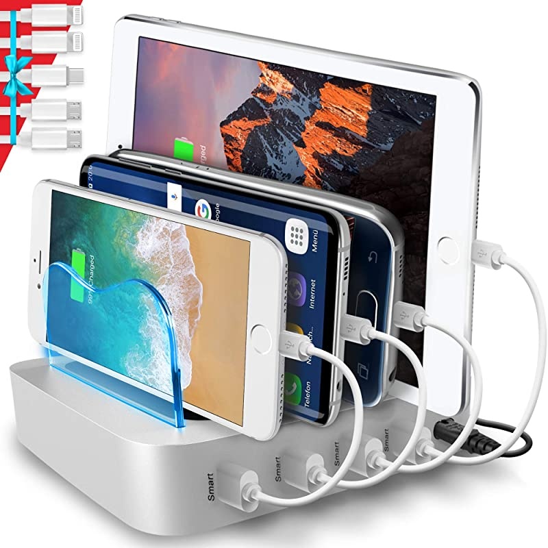 USB Charging Station Dock - Fast Charge Docking Station for Multiple Devices - Multi Device Charger Organizer - Compatible with Apple and Android (Silver 4-Port)