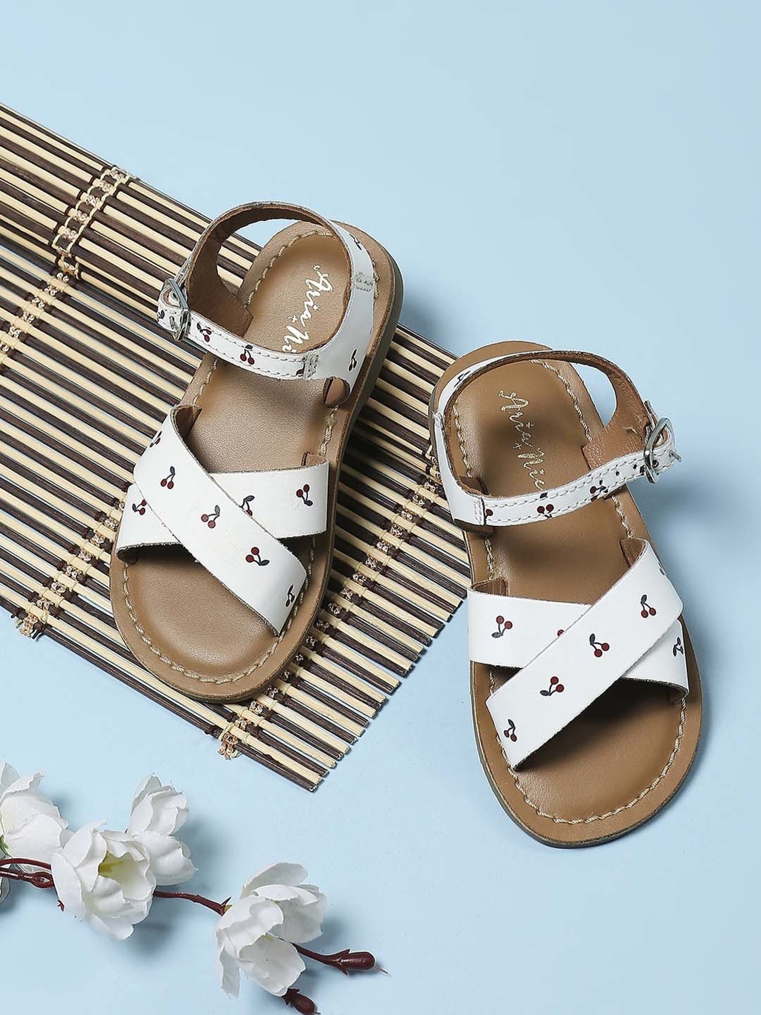 Aria Nica Kids Cherry White & Tan Cross Strap Sandals