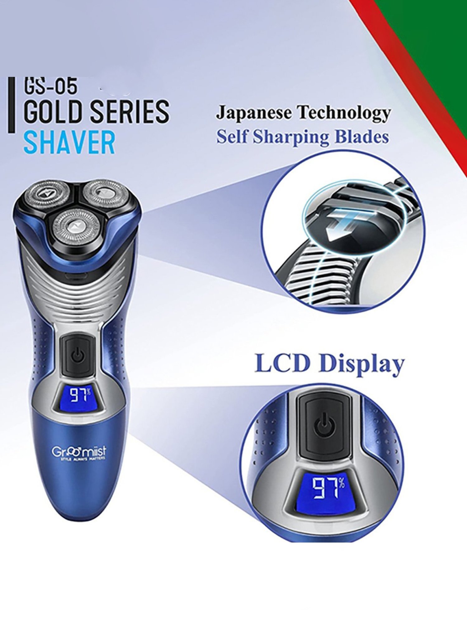 Groomiist GS-05 Gold Series Cordless Shaver - 45 Min Runtime (Blue and Silver)