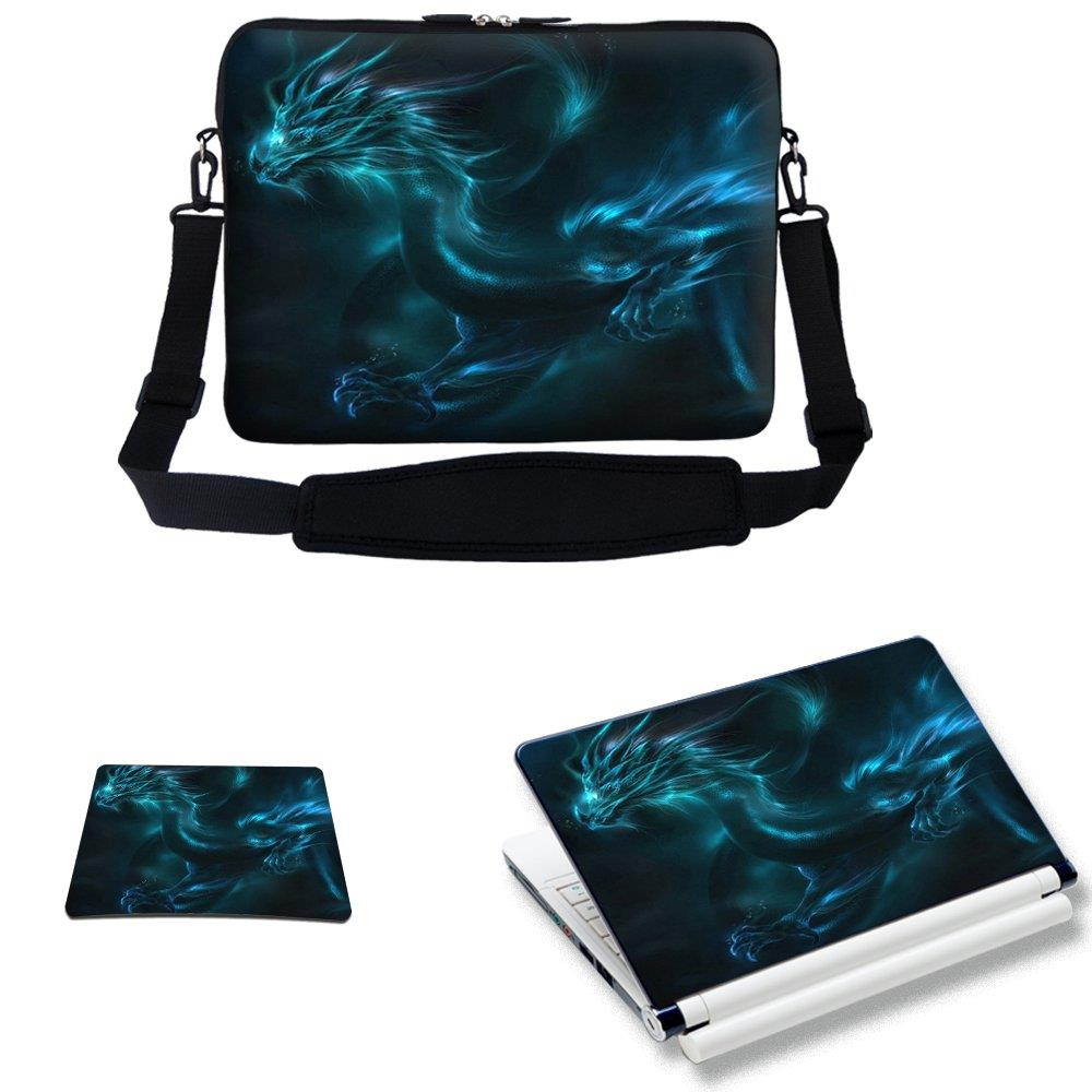 Meffort Inc 17 17.3 inch Laptop Carrying Sleeve Bag Case with Hidden Handle & Adjustable Shoulder Strap with Matching Skin Sticker and Mouse Pad Combo - Blue Dragon Design