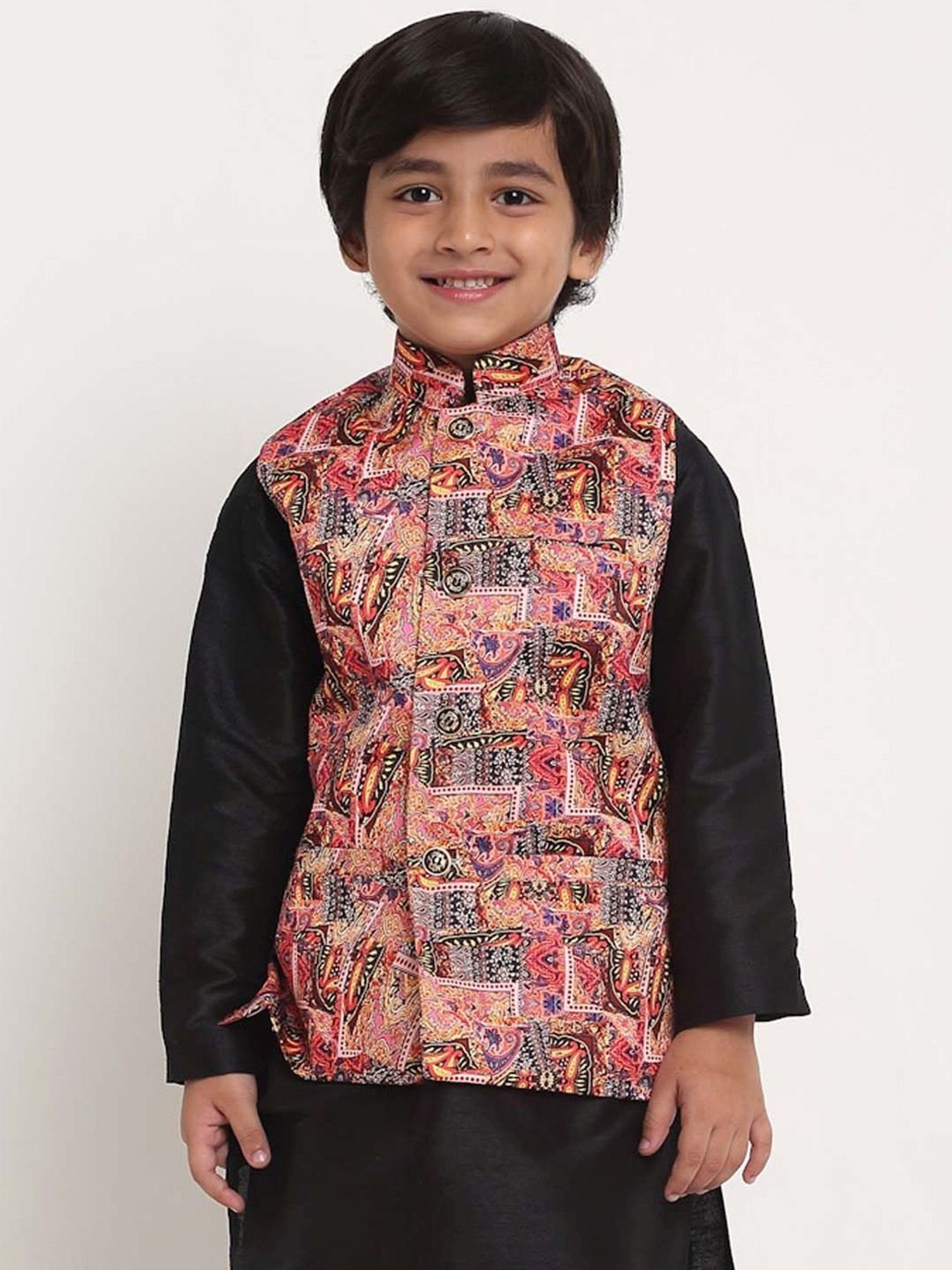 Benstoke Kids Pink & Yellow Printed Nehru Jacket