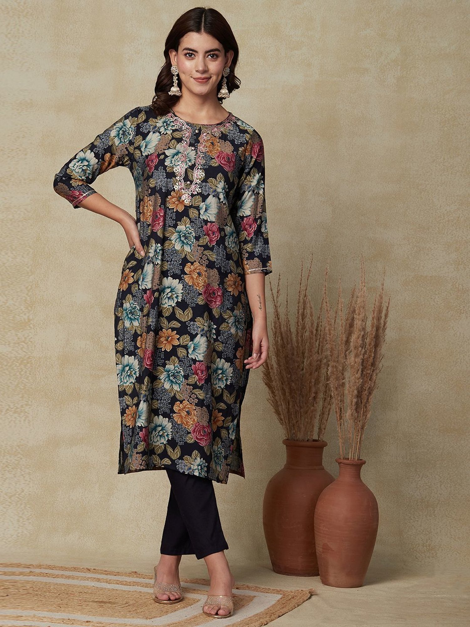 Fashor Blue Floral Print Kurta Pant Set With Dupatta