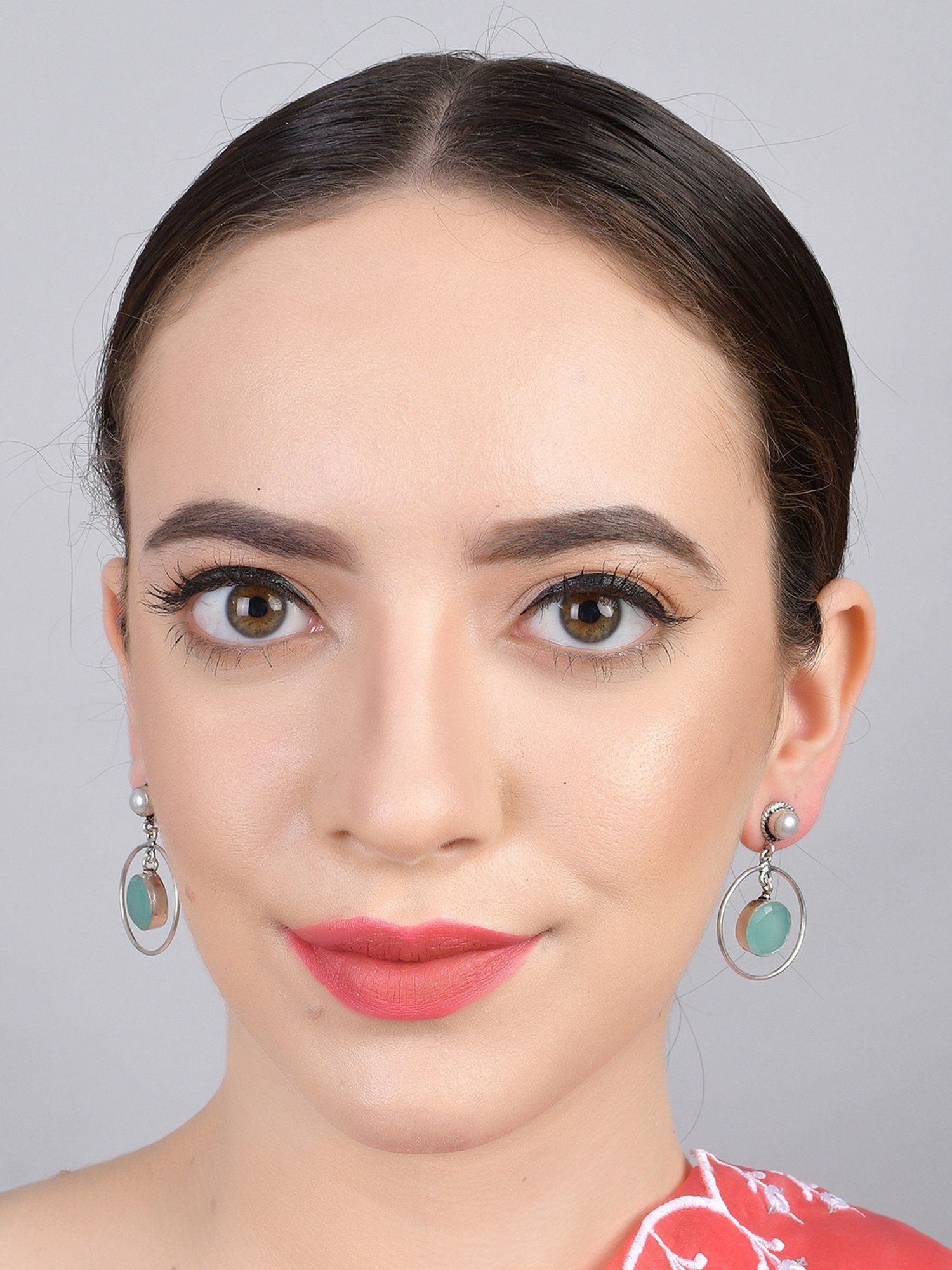 Imli Street Green-White Silver Tone Stone-Studded Handcrafted Drop Earrings