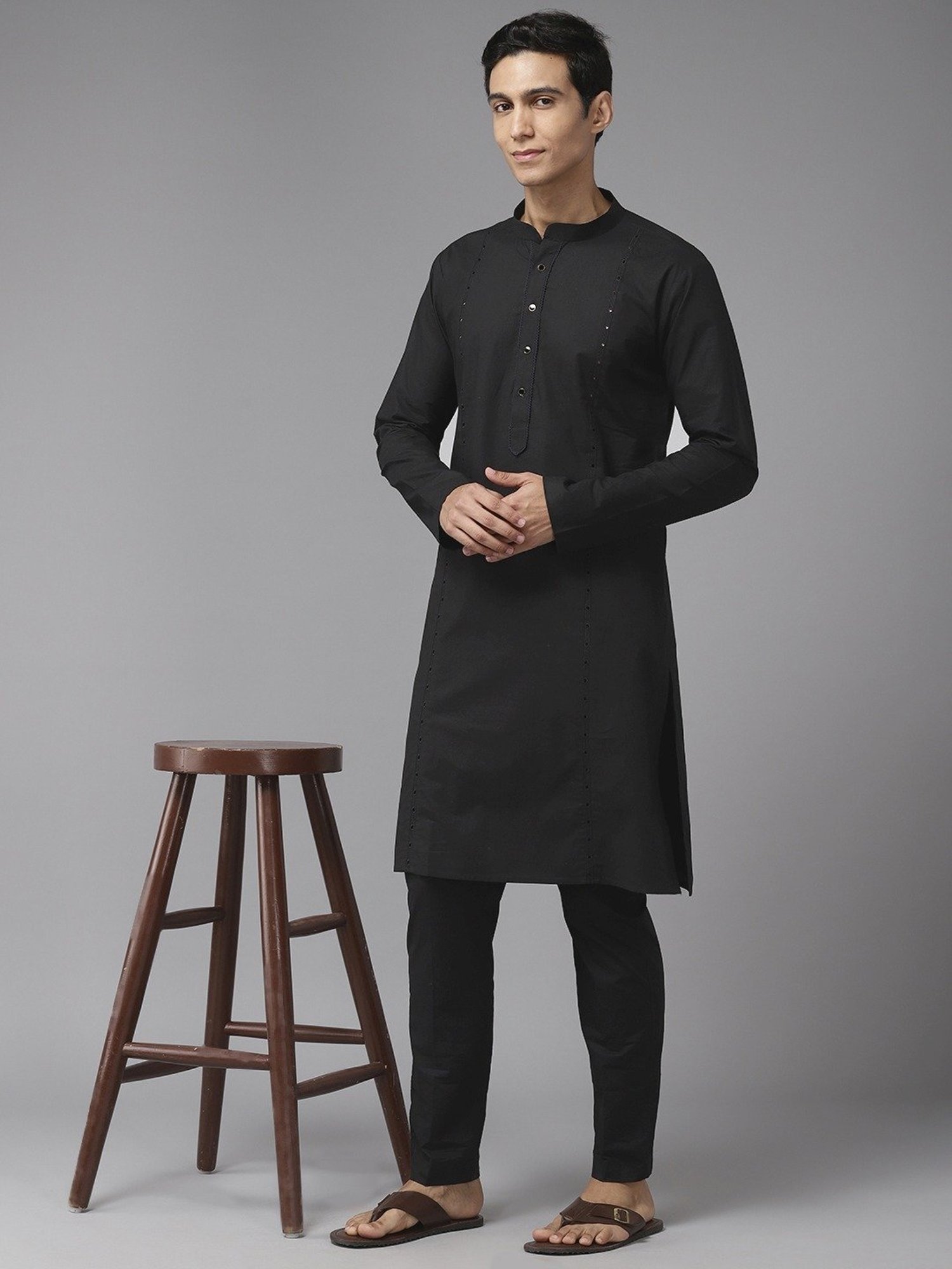 See Designs Black Cotton Regular Fit Embroidered Kurta Bottom Set