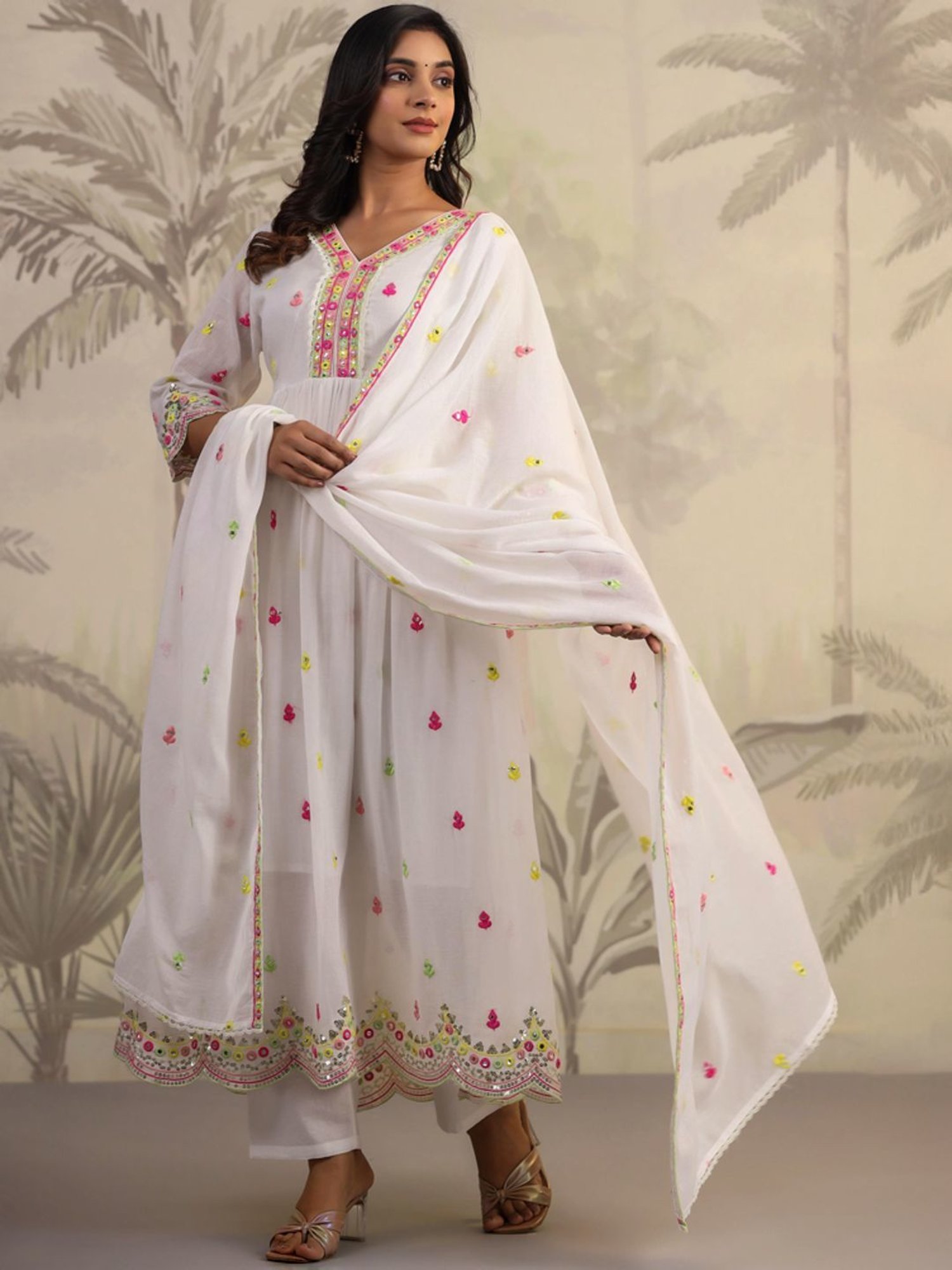 SCAKHI White Cotton Embroidered Kurta Pant Set With Dupatta